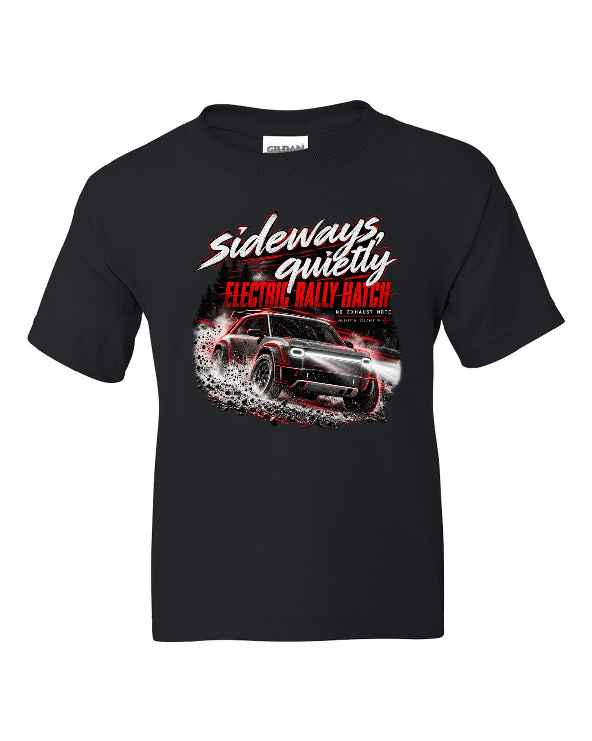 Rivian R3X 2027 sliding on a night touge with the text sideways quietly, electric rally ch black kids tee front view with the design