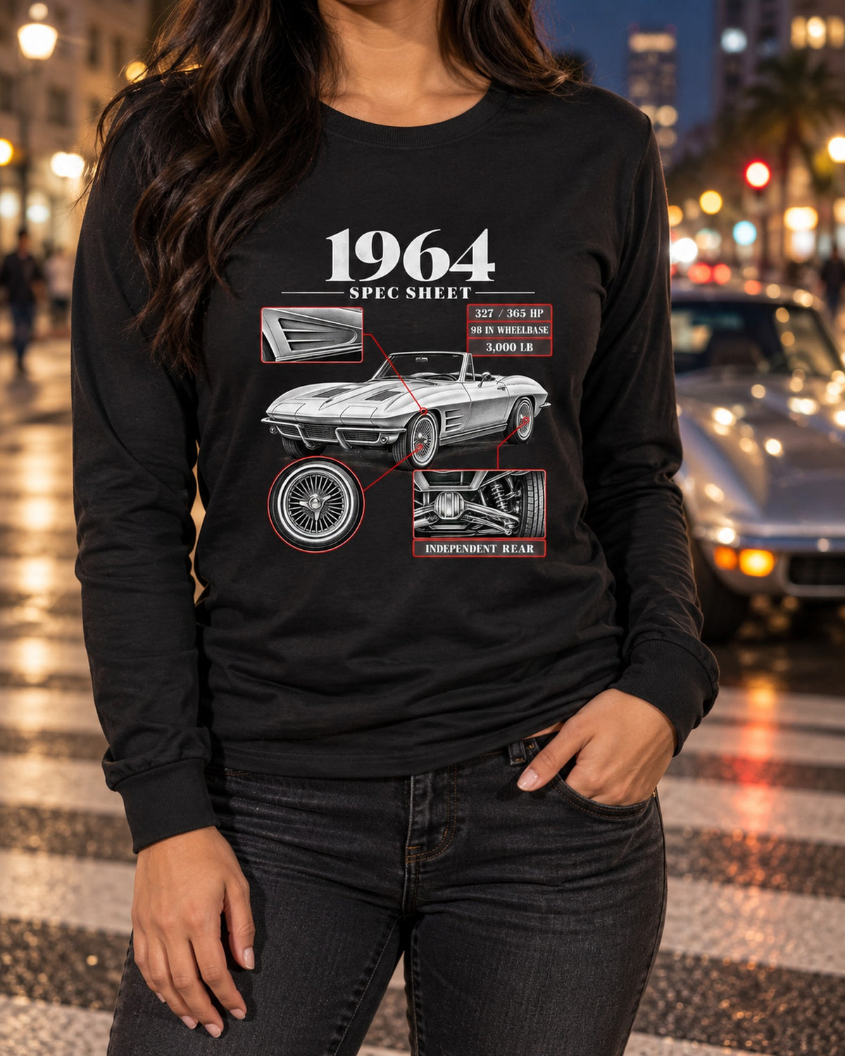 Corvette Sting Ray C2 1964 327 Spec Sheet Shirt, Car Guy Long Sleeve Black worn hero