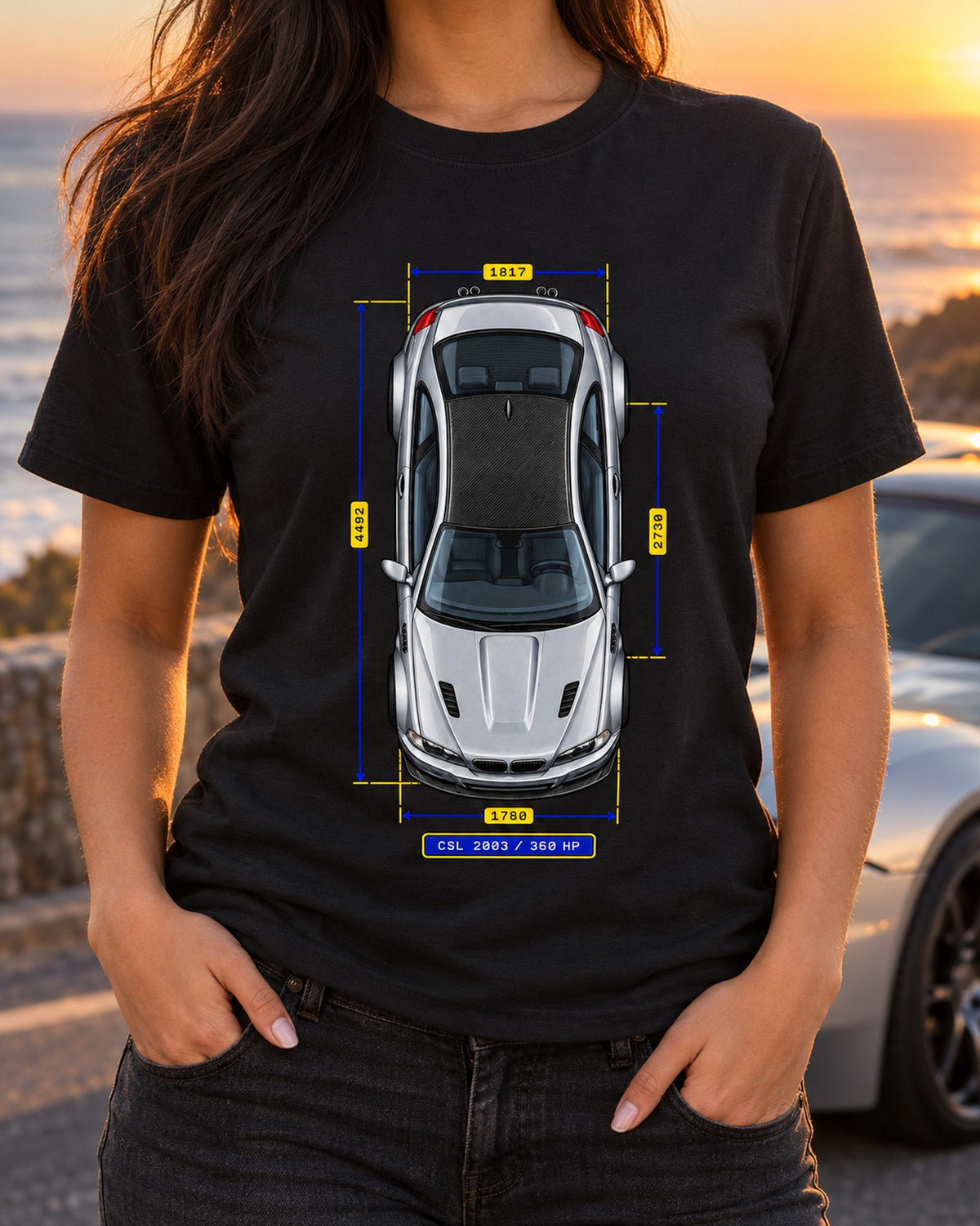 BMW E46 M3 CSL 2003 360 HP Carbon Roof Data Plate Shirt T-Shirt Black worn hero