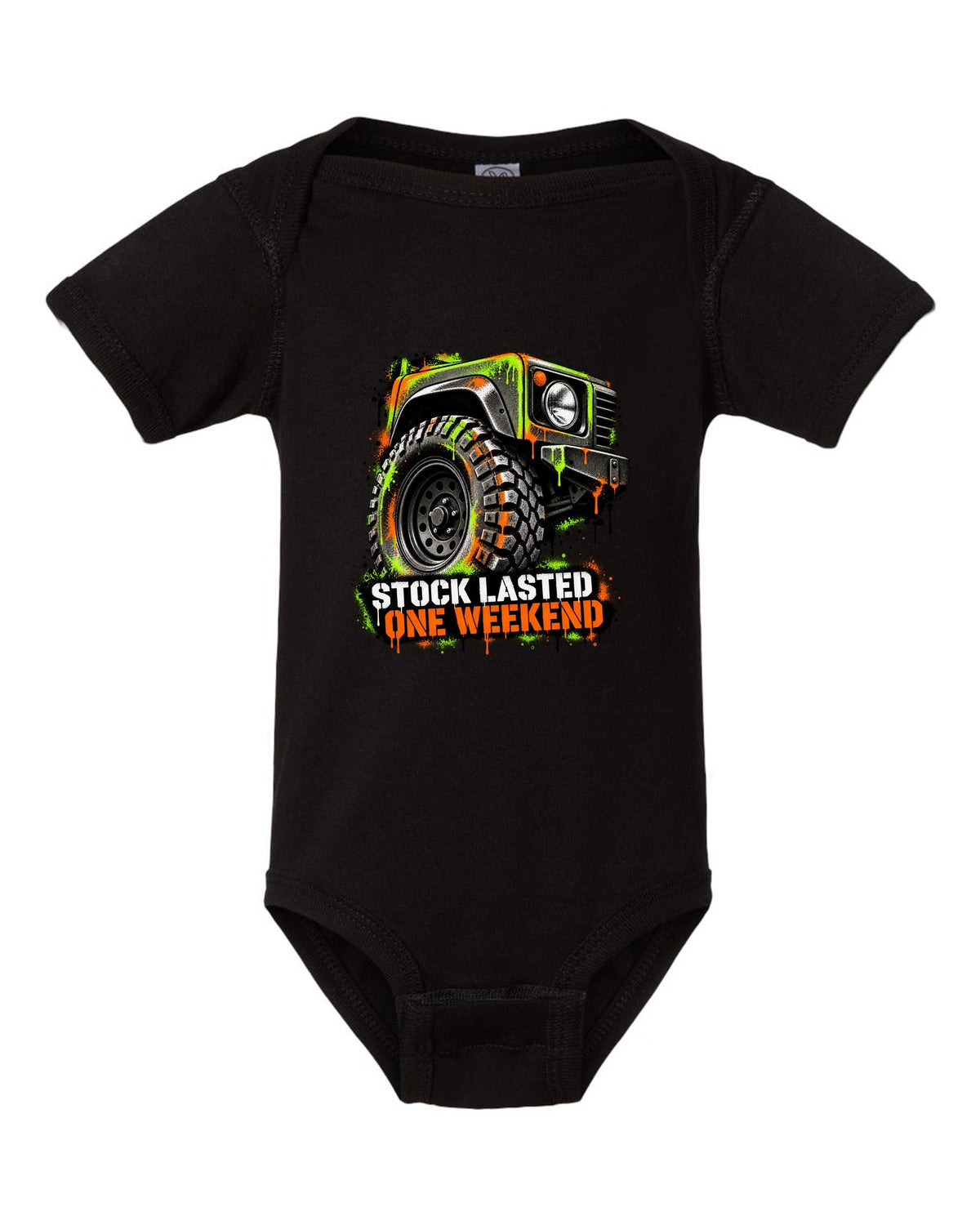 Jeep Wrangler TJ stencil spray street art design reading stock lasted one weekend black baby onesie front view with the design