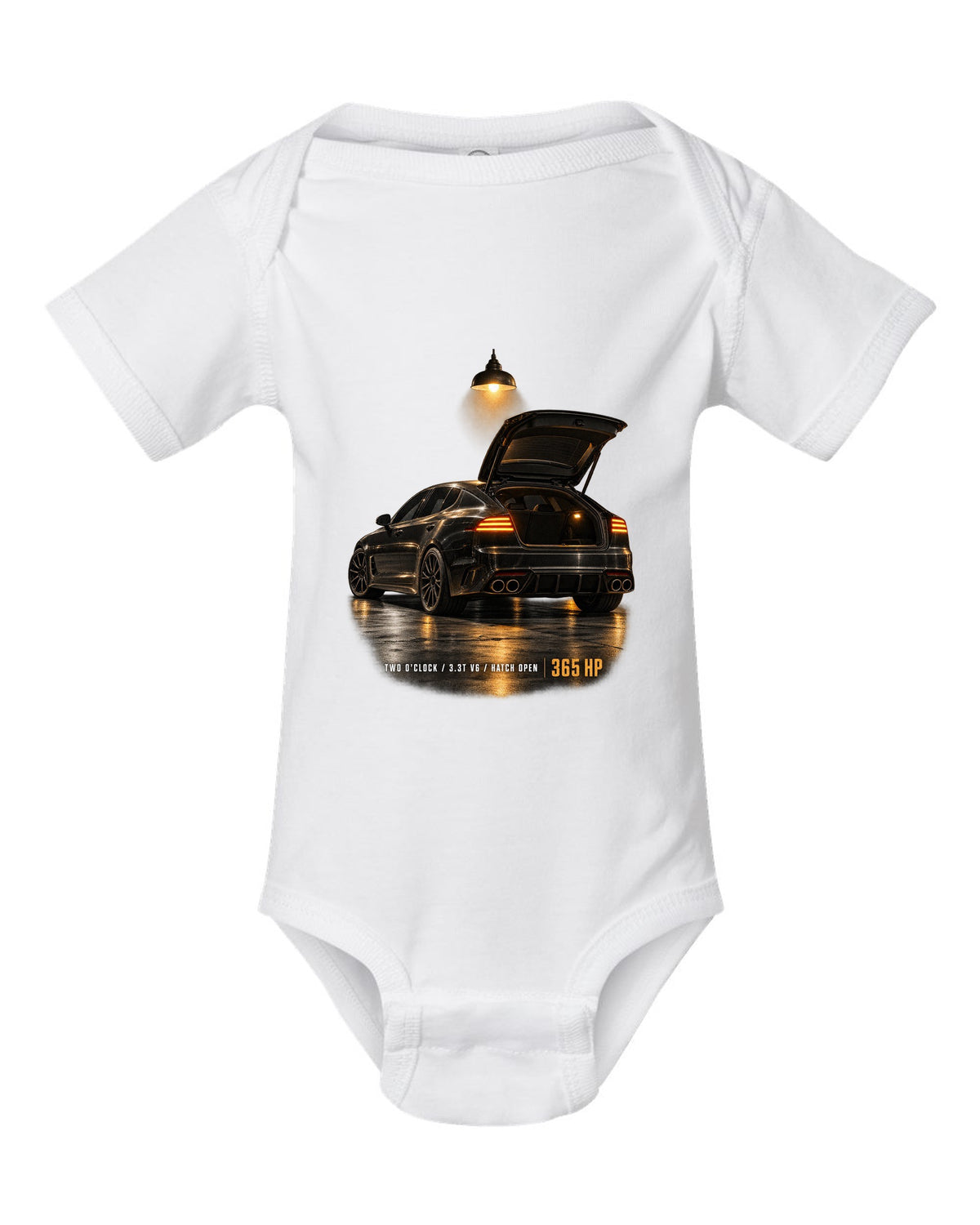 Kia Stinger GT CK garage night print with ch open and 3.3T V6 text white baby onesie front view with the design
