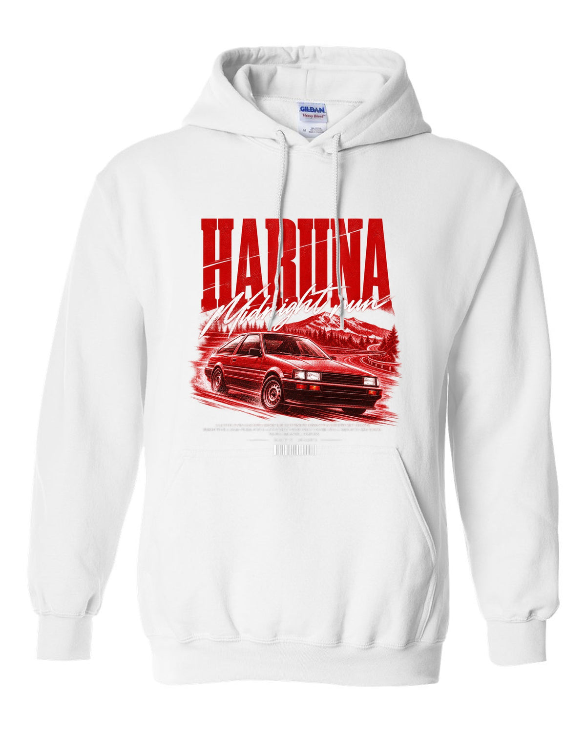 Street poster print of a Toyota Corolla Levin AE86 with the text Haruna Midnight Run white pull over hoodie front view with the design