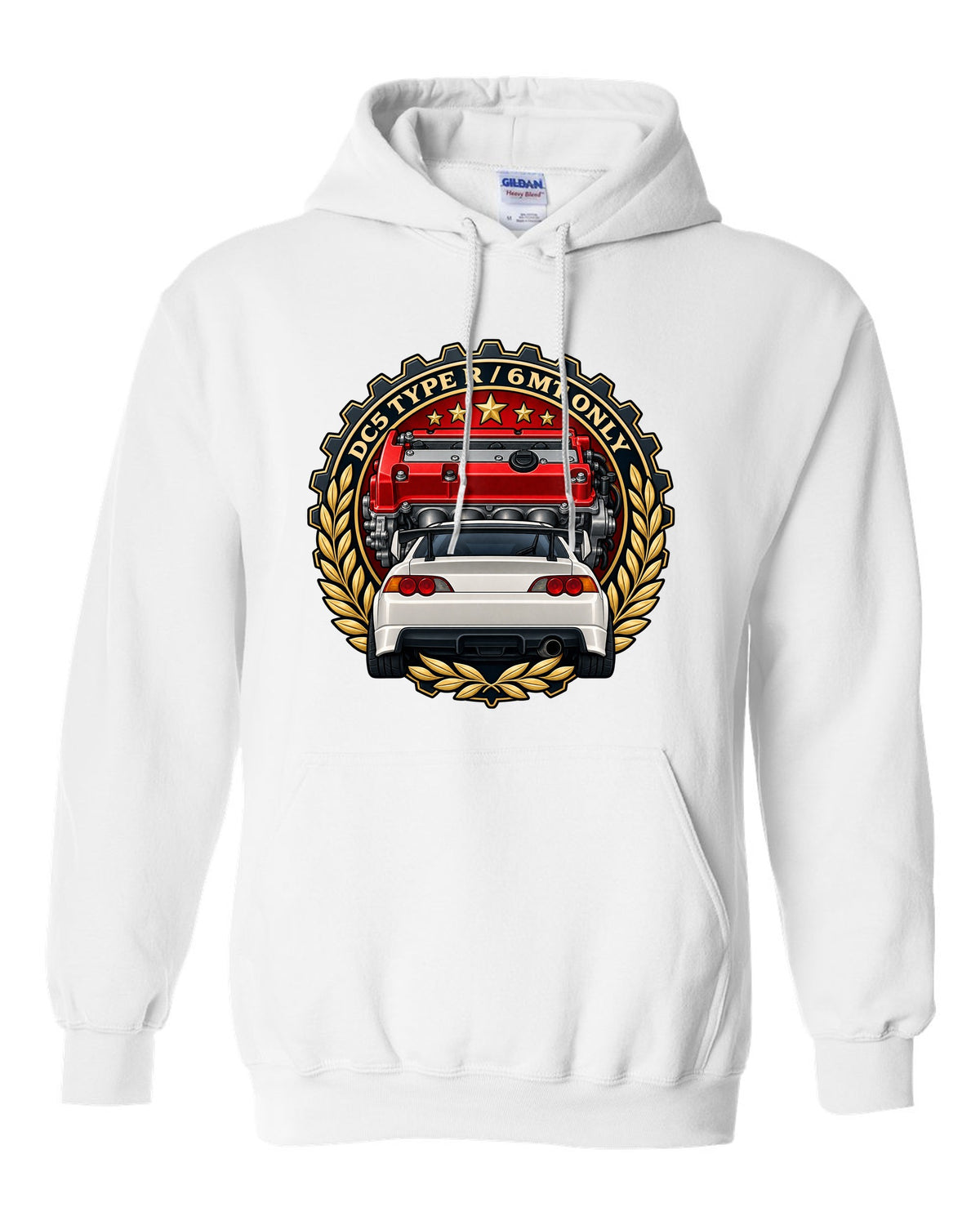 Cel-shaded anime night touge scene with a Honda Integra Type R DC5 white pull over hoodie front view with the design