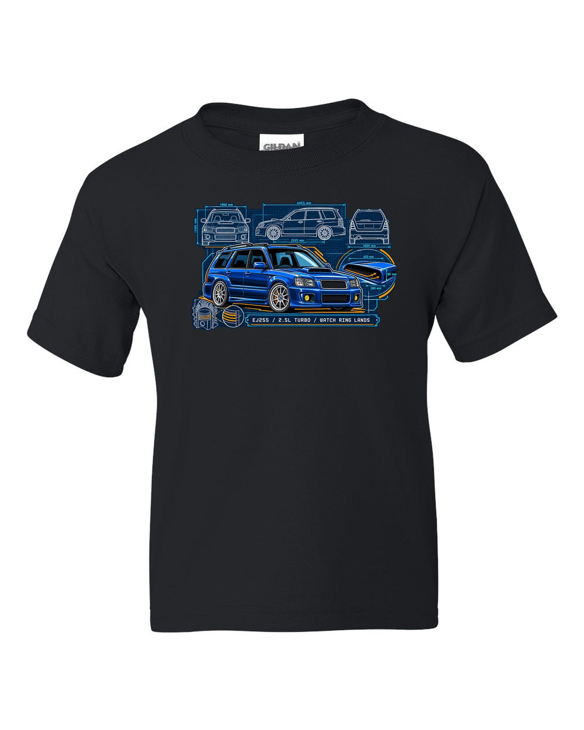 Technical blueprint of a Subaru Forester SG9 with hood scoop and EJ255 2.5L turbo text black kids tee front view with the design