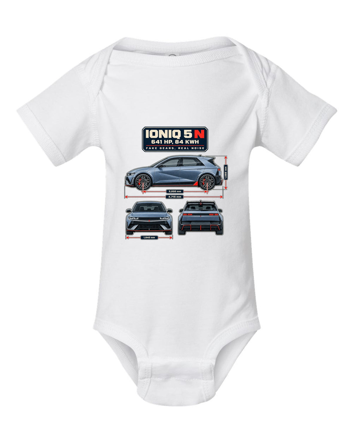 Hyundai Ioniq 5 N dimension blueprint print on a shirt white baby onesie front view with the design