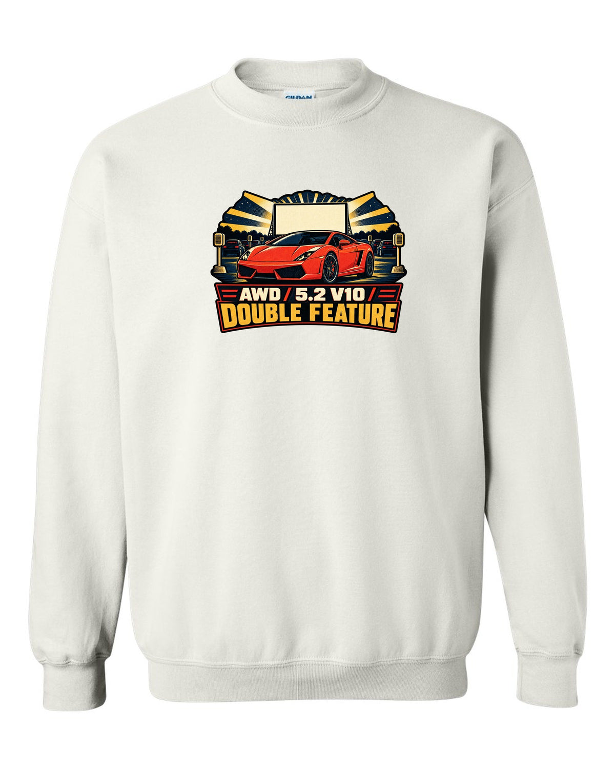 Vintage race poster style design of a Lamborghini Gallardo LP560-4 with AWD and V10 text white crewneck front view with the design