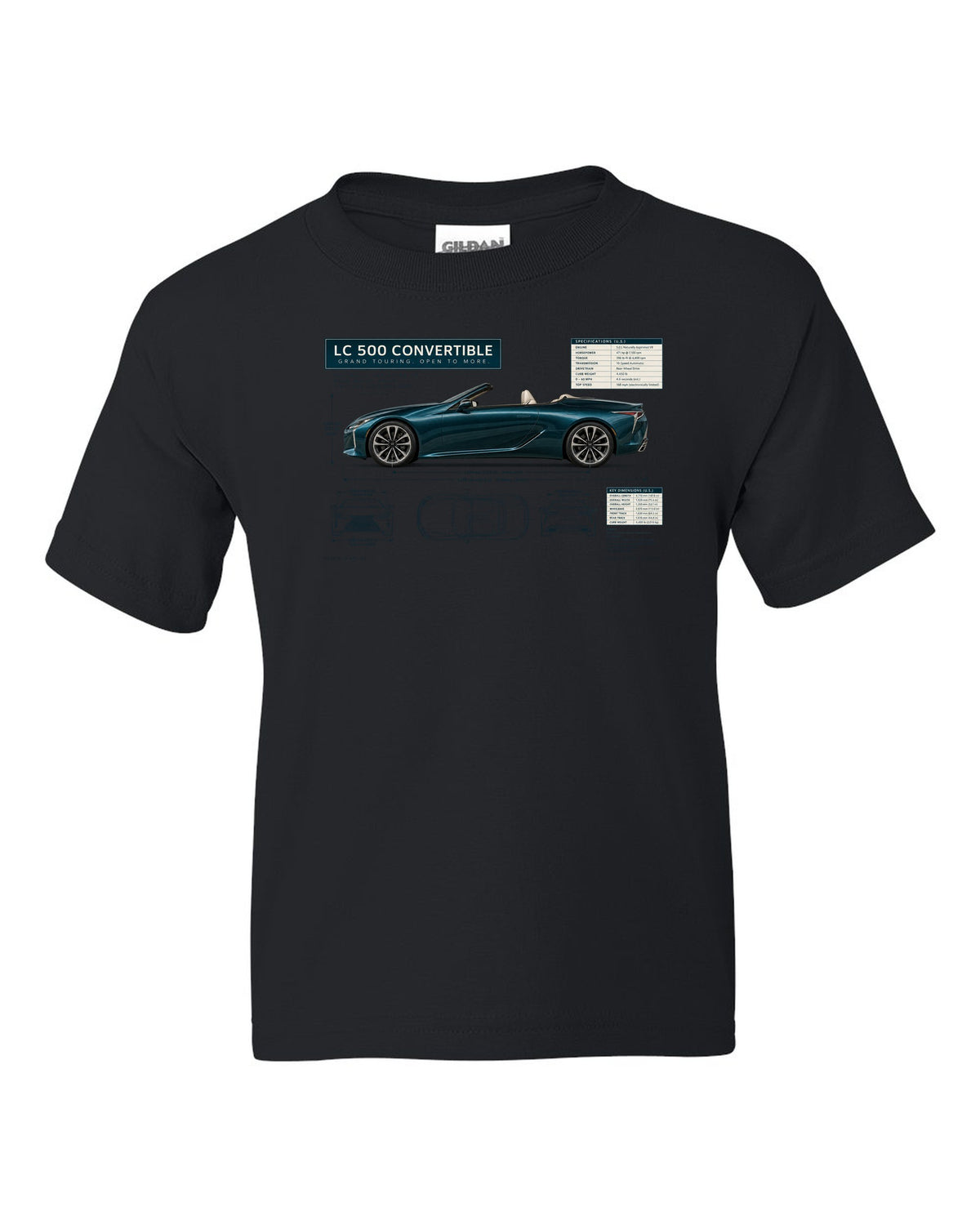 Dimension blueprint of the Lexus RC F with engine code and power figure black kids tee front view with the design