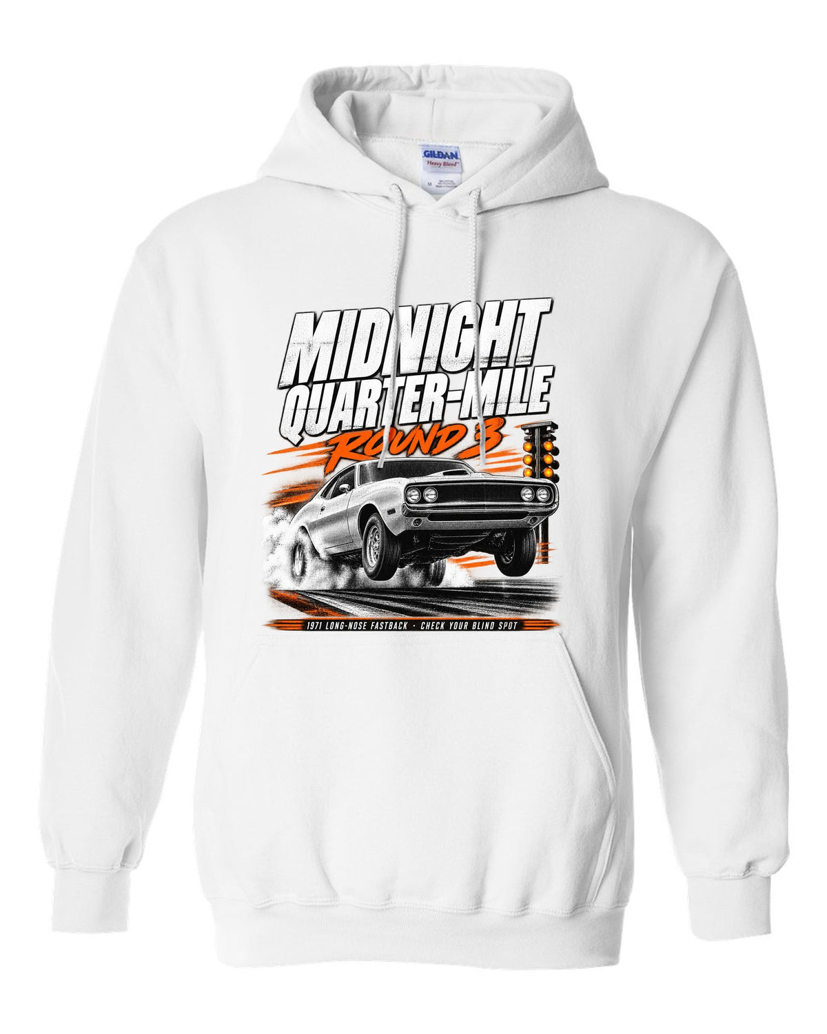 Race poster illustration of a 1971 Ford Mustang long-nose fastback titled midnight quarter-mile white pull over hoodie front view with the design