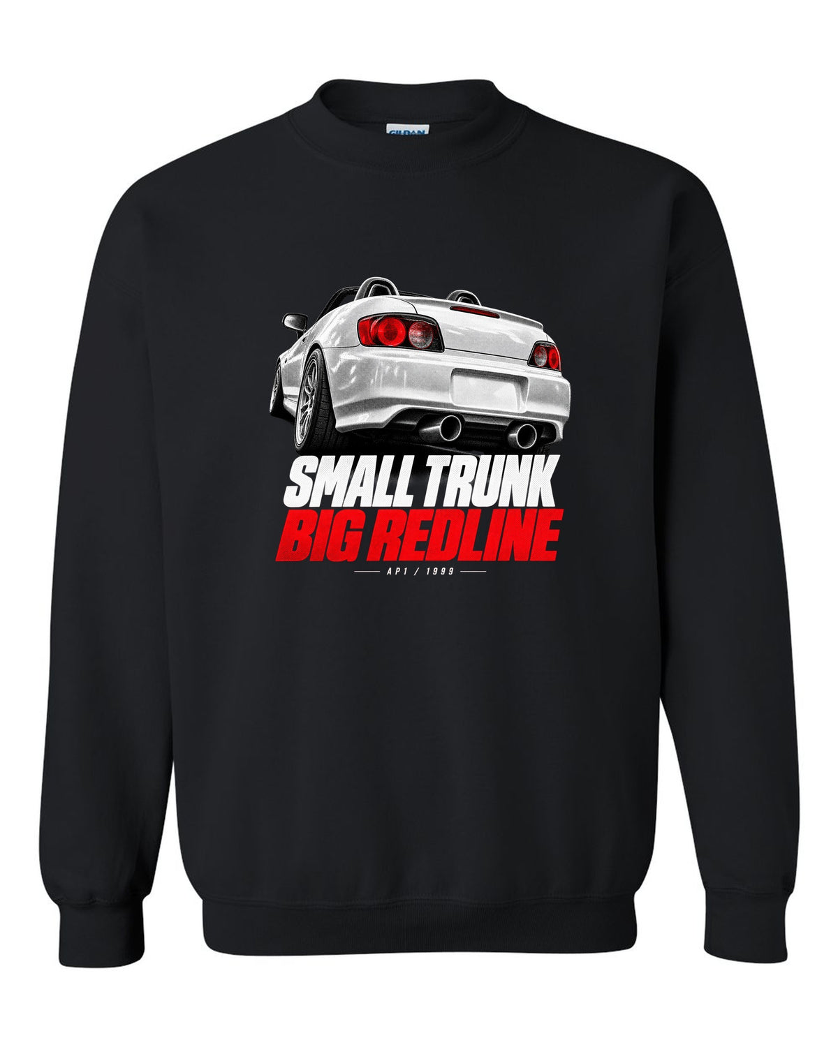 Honda S2000 AP1 roadster taillight detail design with small trunk big redline text black crewneck front view with the design