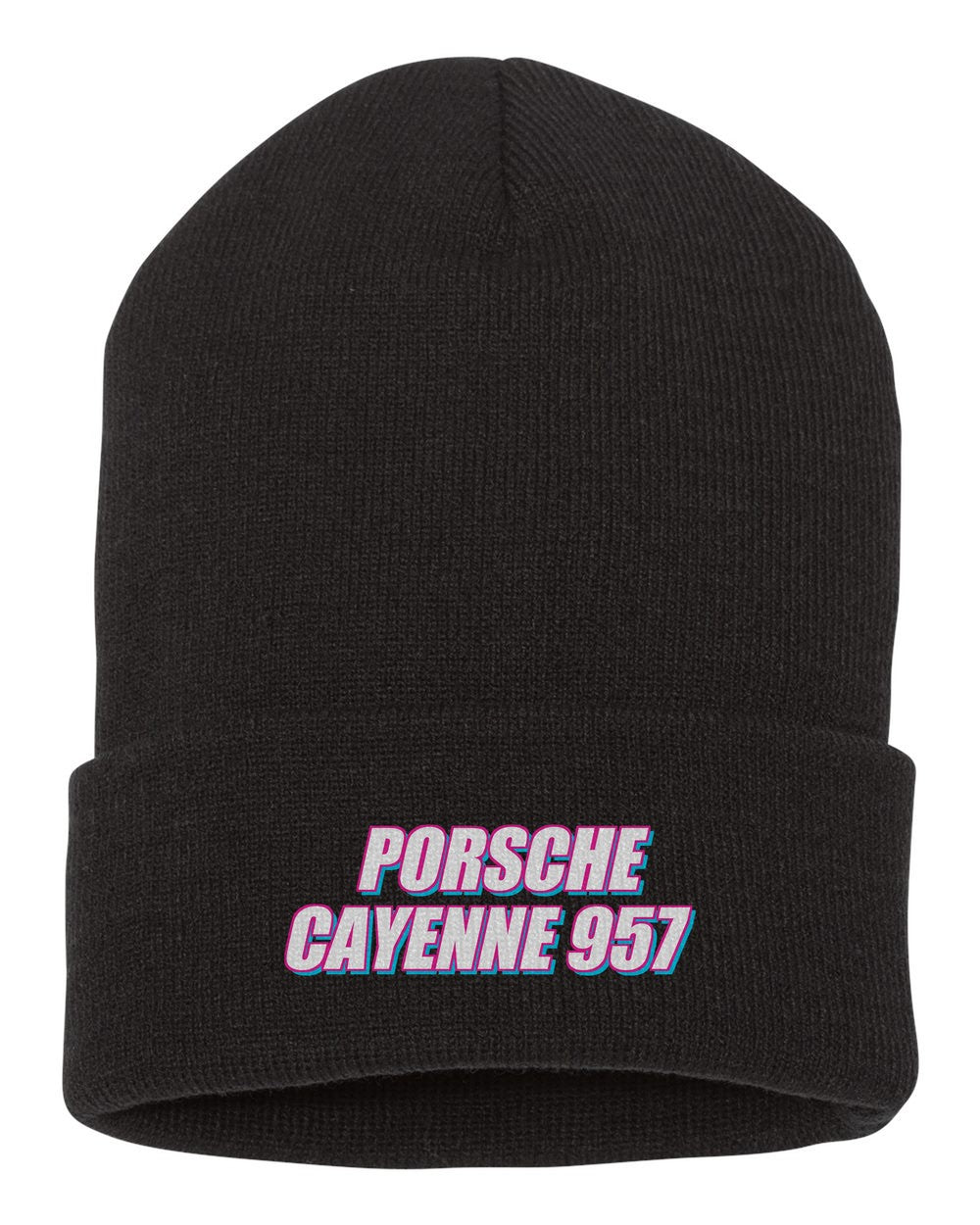 Porsche Cayenne 957 black beanie front view with car name