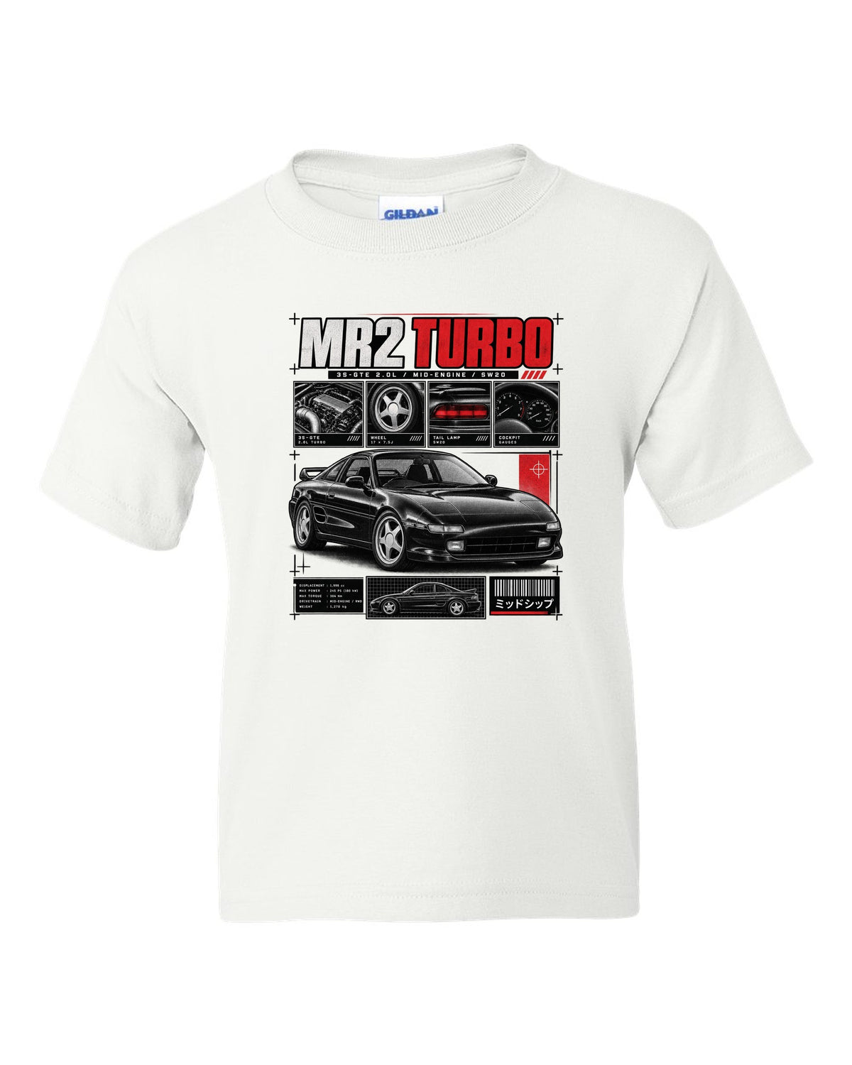 print of a Toyota MR2 SW20 Turbo in dossier panels with 3S-GTE 2.0L and mid-engine text white kids tee front view with the design