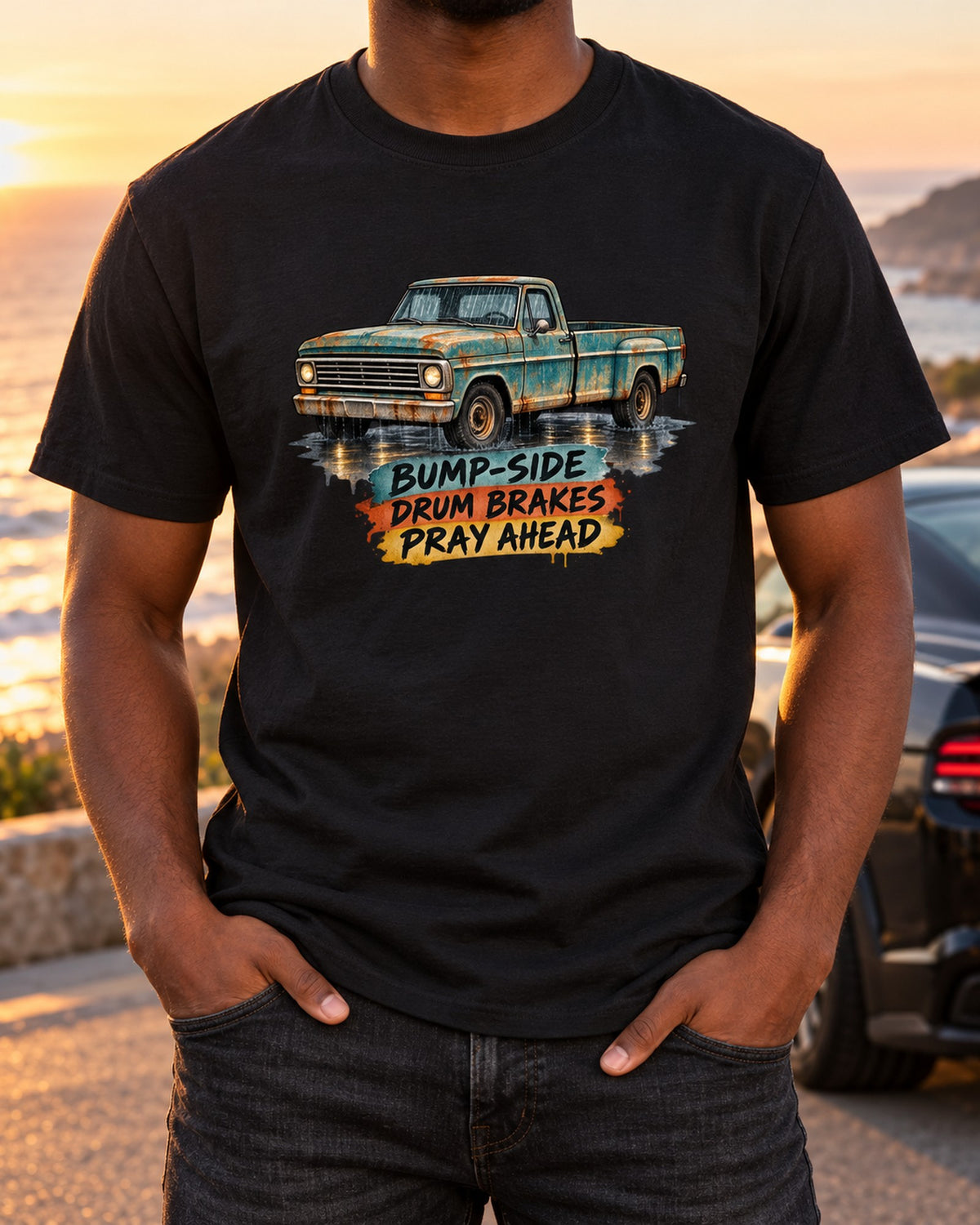 1967-72 Ford F-Series Bump-Side Barn Find Watercolour Shirt T-Shirt Black worn hero