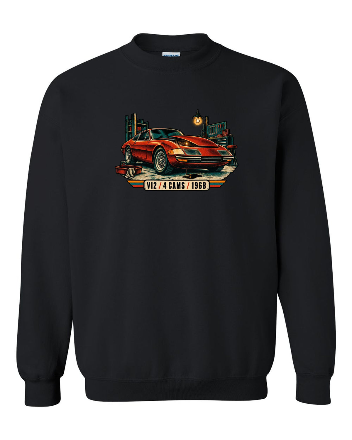 Risograph spot colour print of a Ferrari 365 GTB/4 Daytona in a garage with V12 4 Cams 1968 lettering black crewneck front view with the design