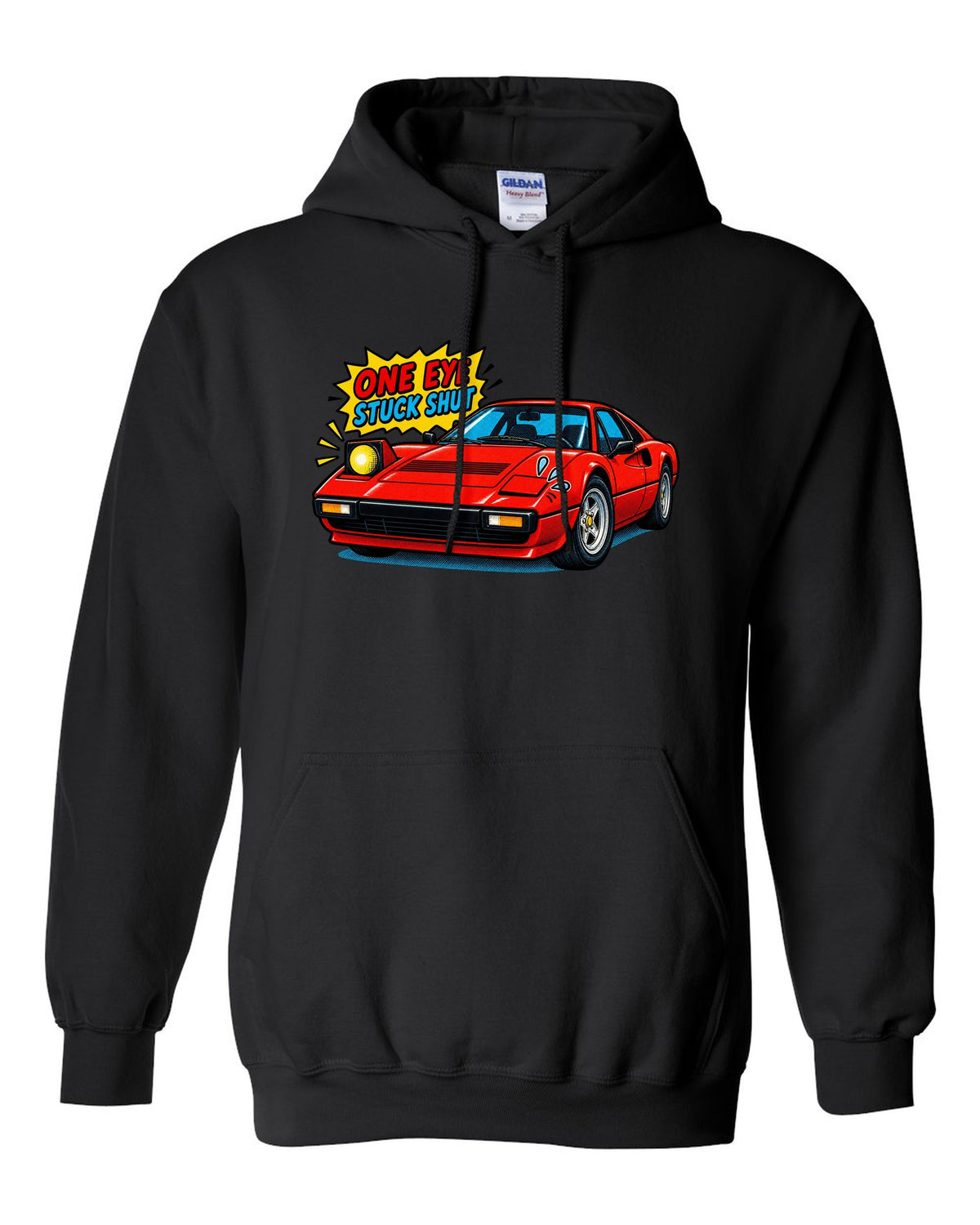 Comic halftone print of a Ferrari 308 GTB with one pop-up headlight stuck shut black pull over hoodie front view with the design