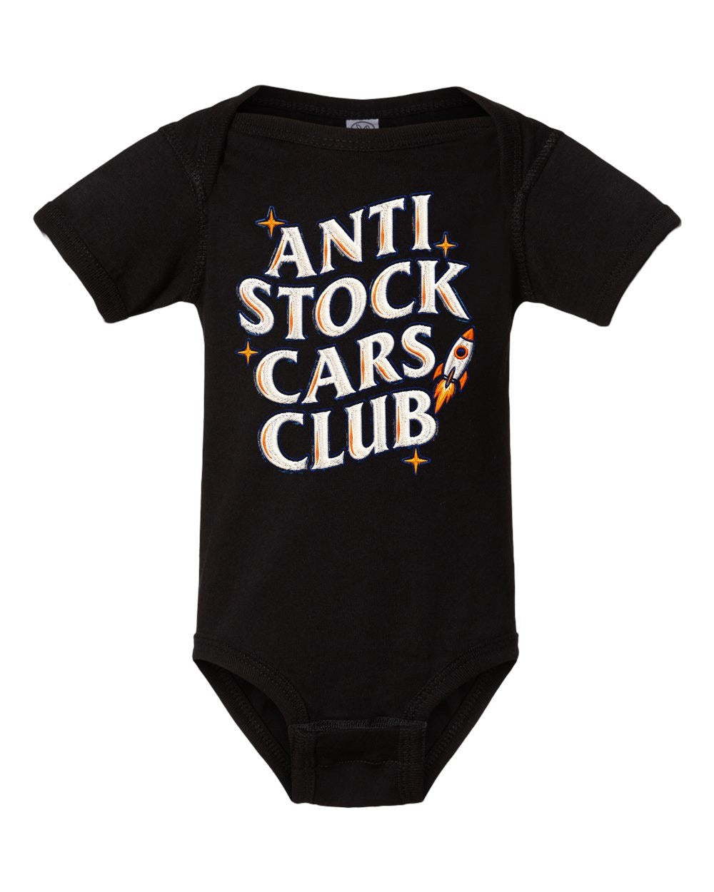 Anti Stock Cars Club Space Mission Patch Baby Onesie Black front