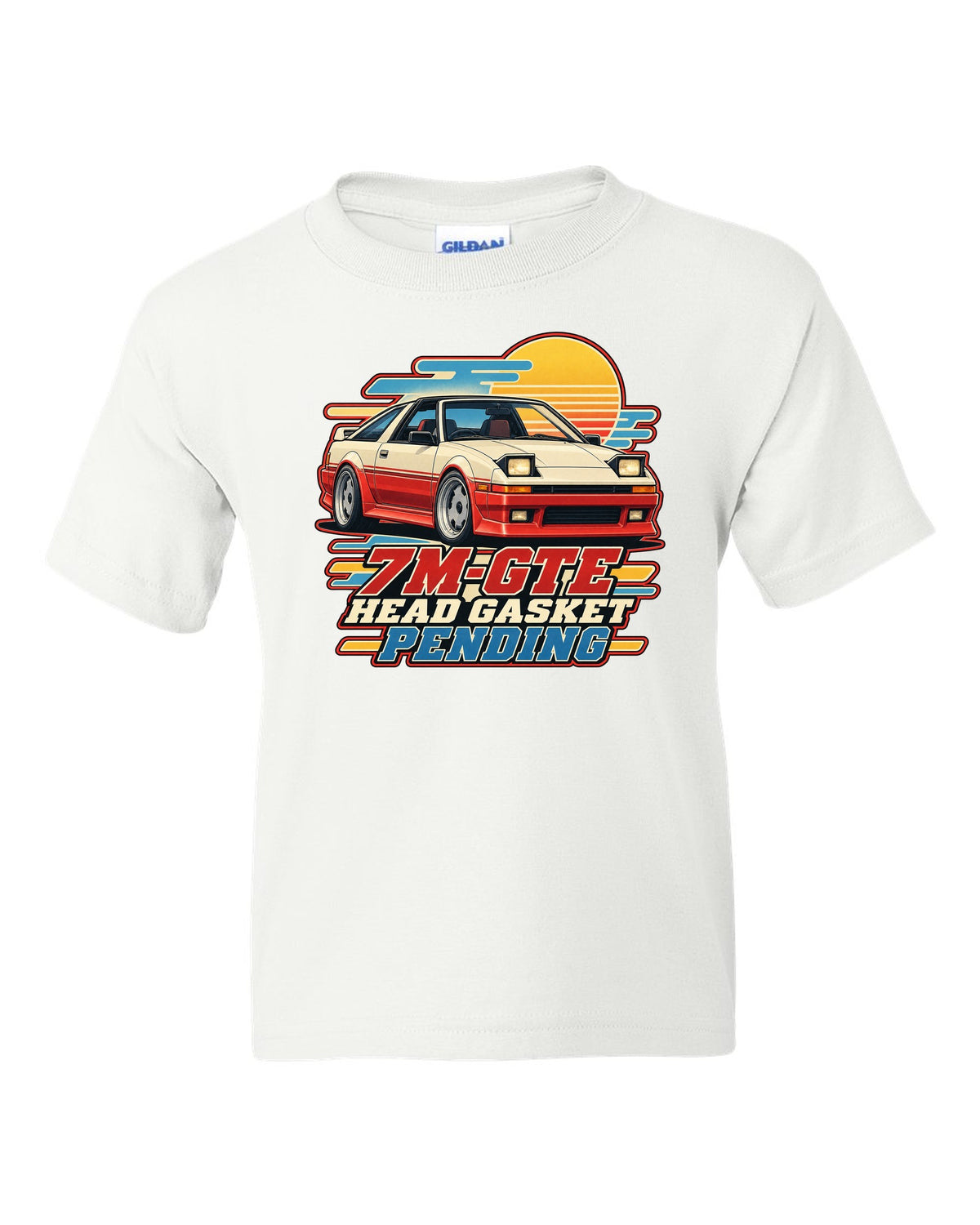 Toyota Supra A70 with pop-up headlights half open in a retro Showa brochure illustration white kids tee front view with the design
