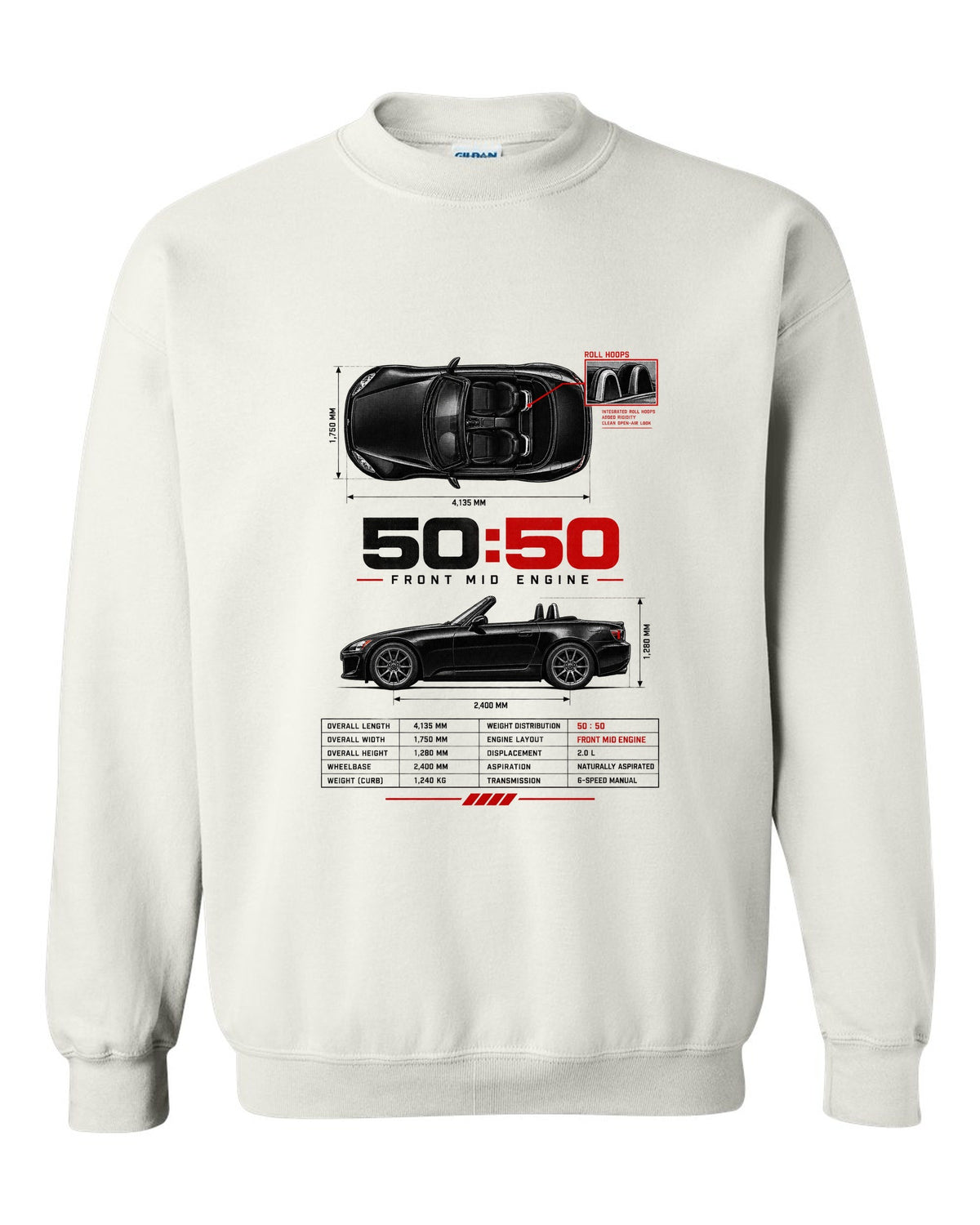 Honda S2000 AP2 roadster spec poster design with 50:50 front mid engine 2,400 mm text white crewneck front view with the design