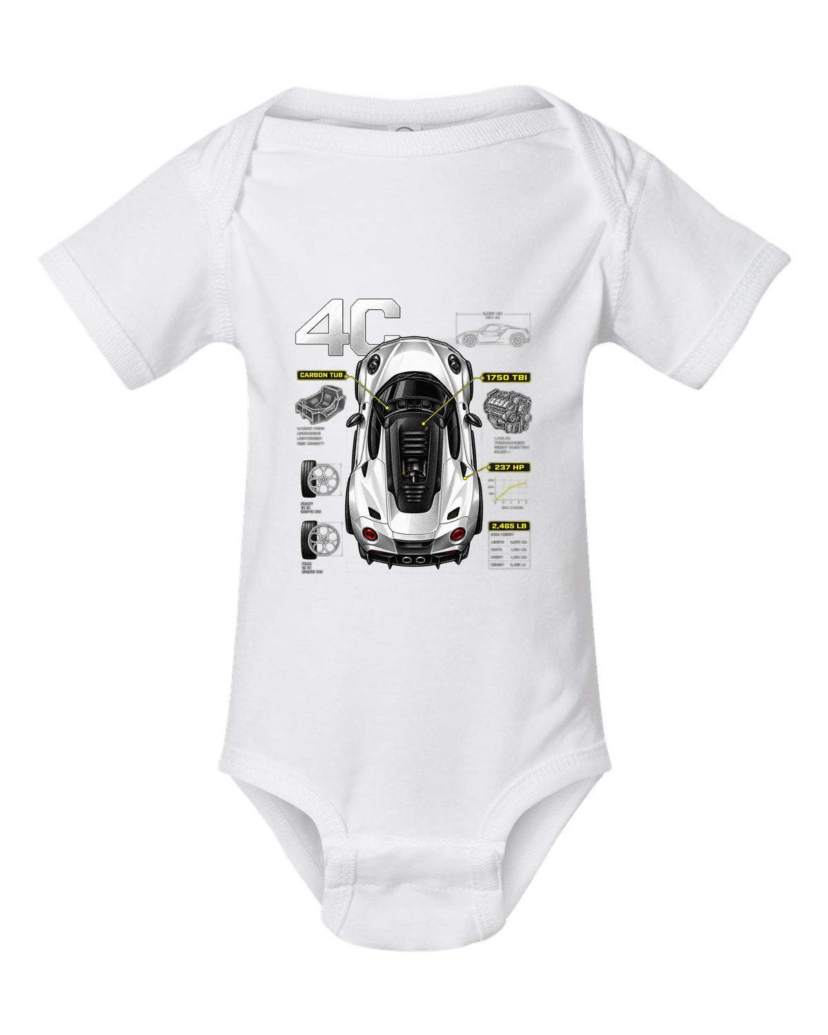 Overhead spec poster print of an Alfa Romeo 4C with carbon tub and 237 HP text white baby onesie front view with the design