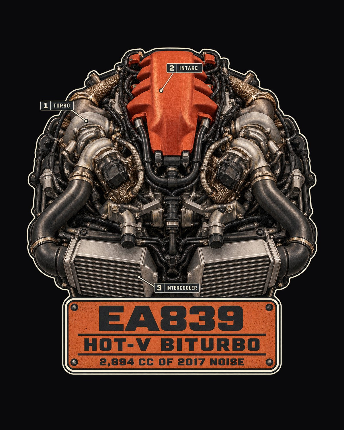 Audi RS5 B9 EA839 Hot-V Biturbo Engine Poster Tee, 2,894 cc design only