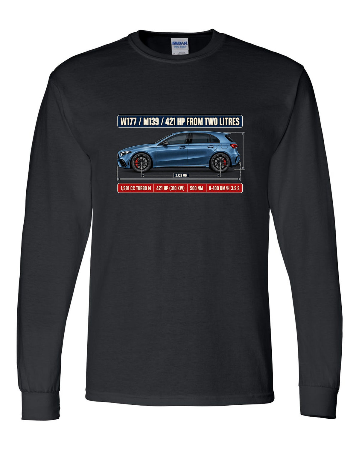 Mercedes-AMG A45 S W177 chback dimension blueprint print black long sleeve front view with the design