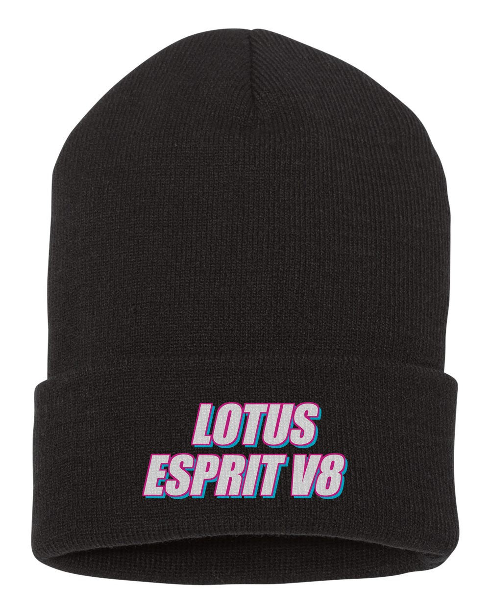 Lotus Esprit V8 black beanie front view with car name