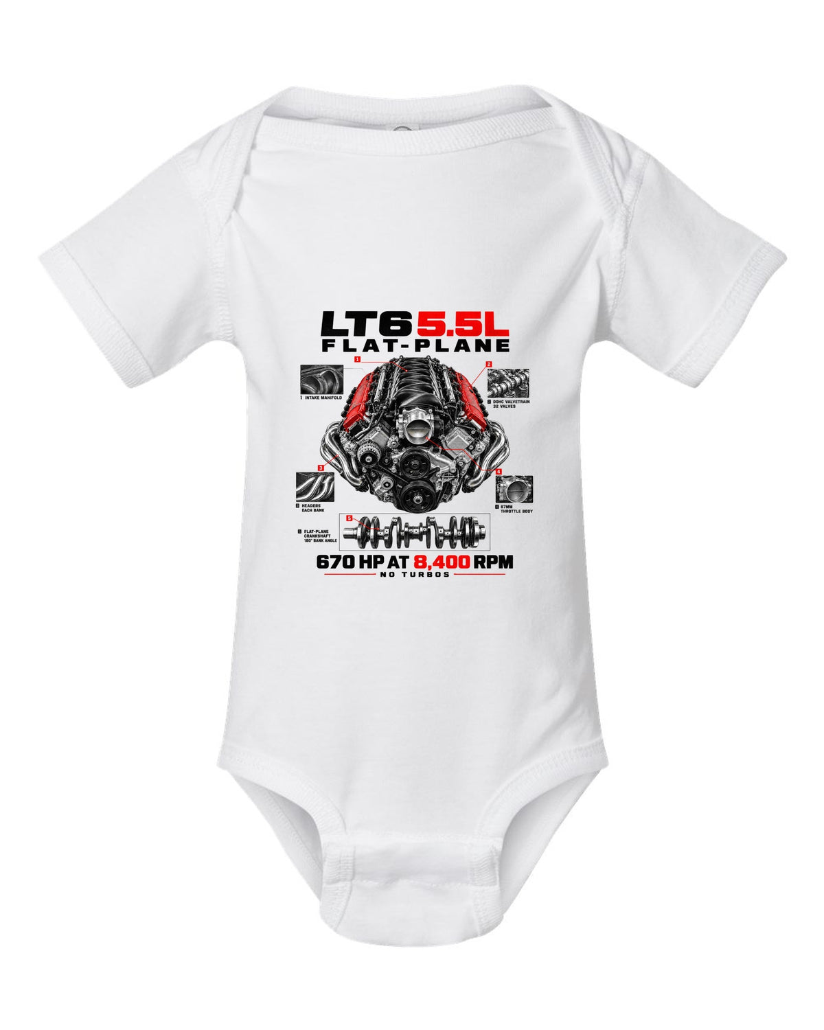 Corvette C8 Z06 LT6 5.5L flat-plane engine with central exhaust tips white baby onesie front view with the design