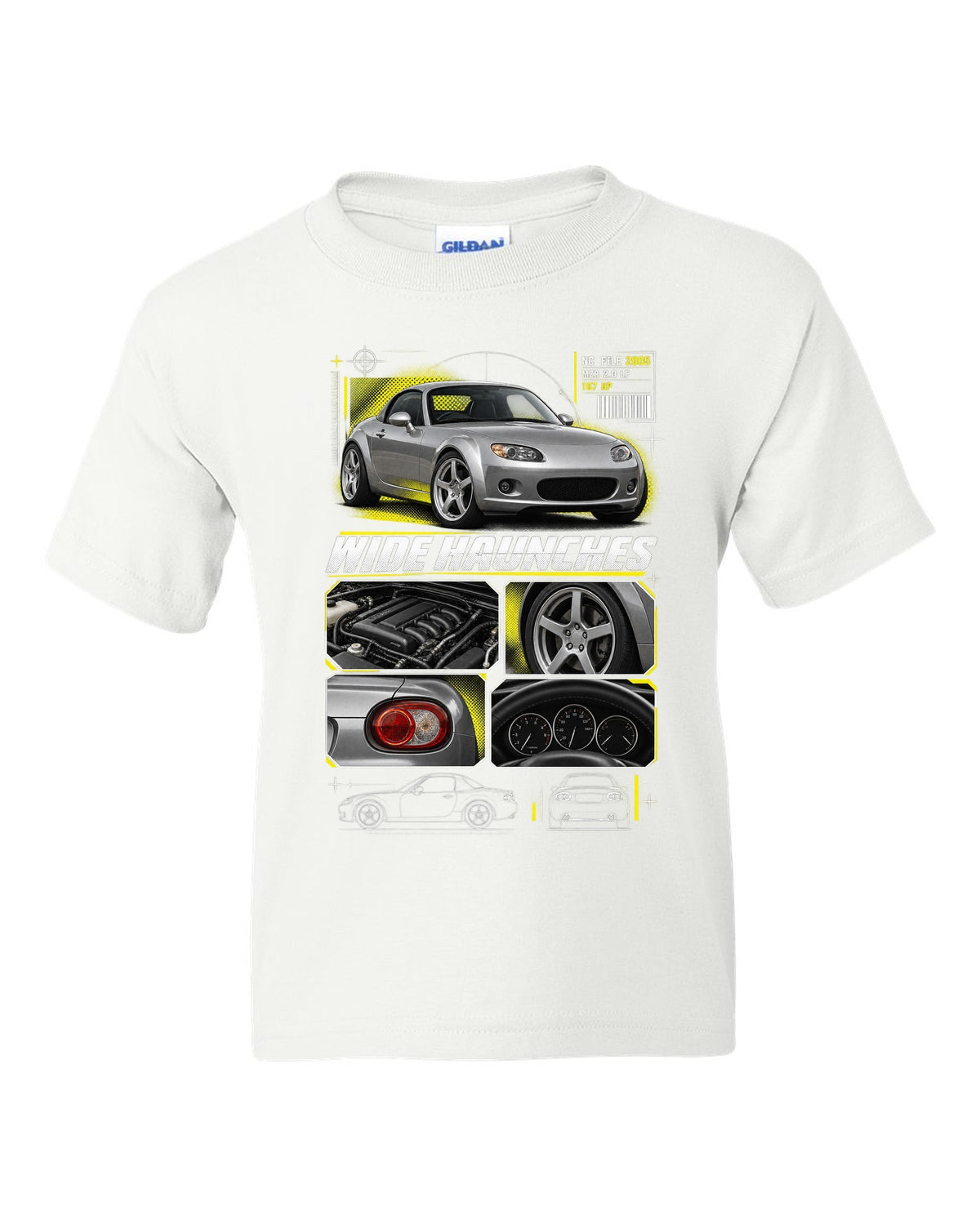 Dossier panels print for the Mazda MX-5 NC PRHT 2005-15 with MZR 2.0 LF and wide haunches white kids tee front view with the design