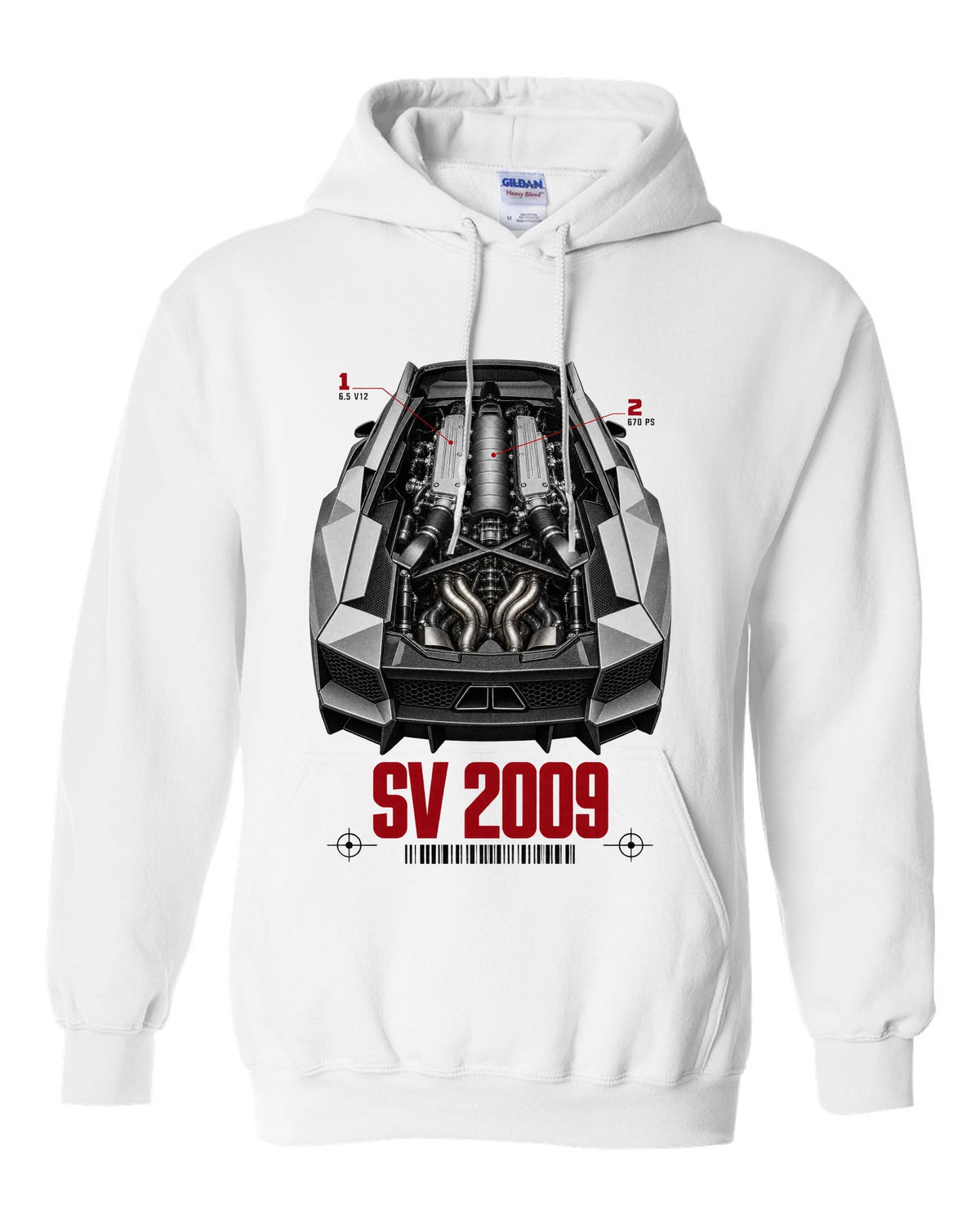 Engine hero print of a Lamborghini Murcielago LP670-4 SV with 6.5 V12 and 670 PS callouts white pull over hoodie front view with the design