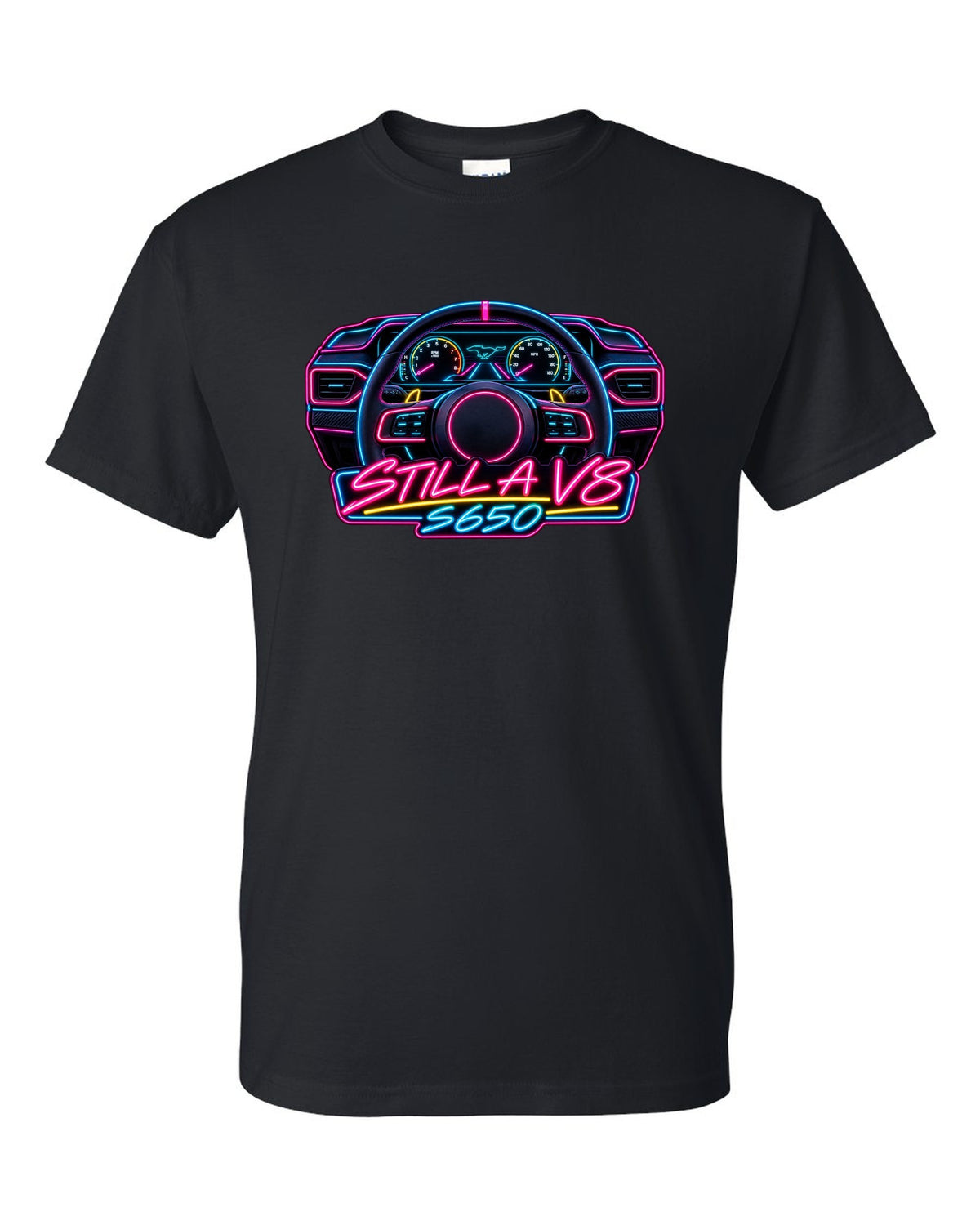 Neon sign style 2024 S650 Ford Mustang coupe with Still a V8 text black t-shirt front view with the design