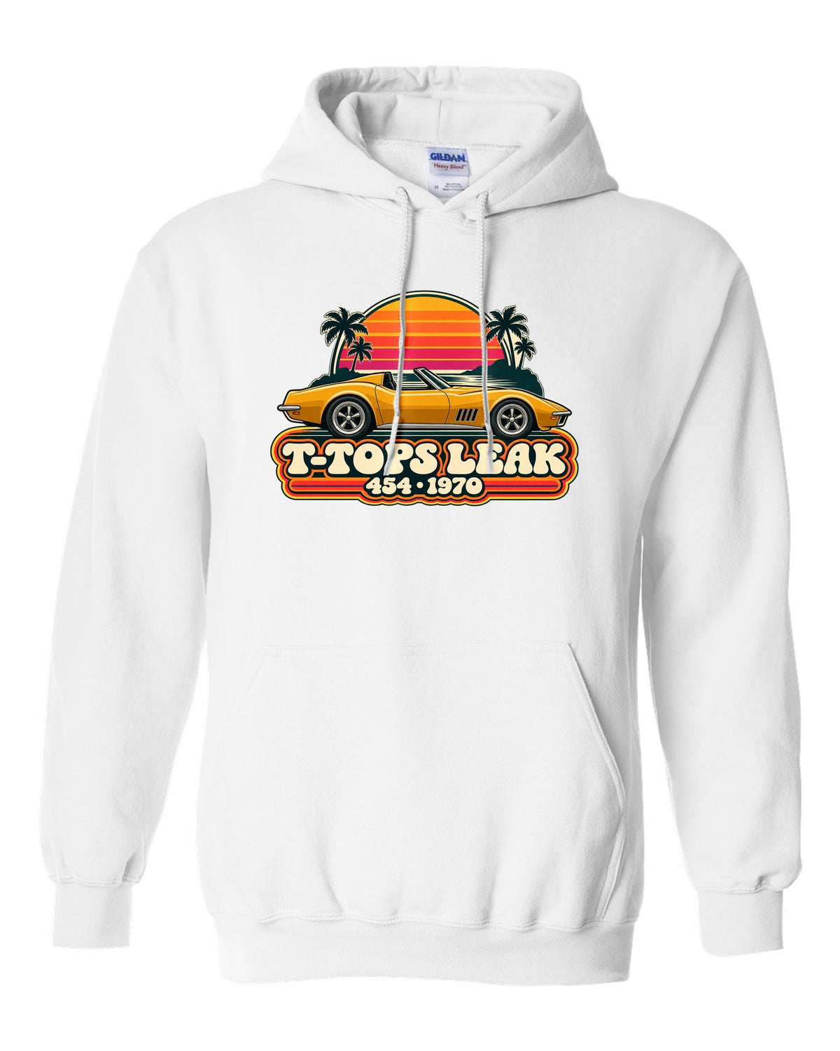 Vintage 70s sunset stripe print of a 1970 Corvette C3 Stingray reading T-Tops Leak 454 white pull over hoodie front view with the design