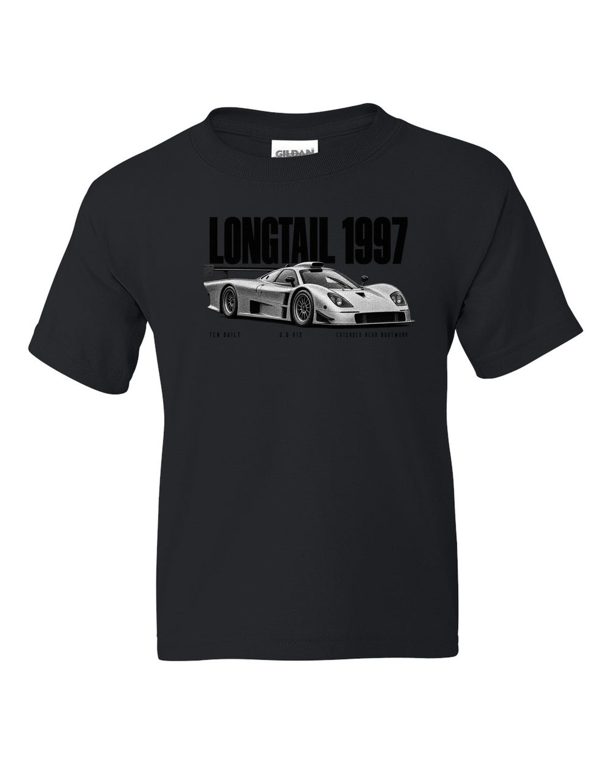 Halftone print of a 1997 McLaren F1 GTR Longtail with extended rear bodywork black kids tee front view with the design