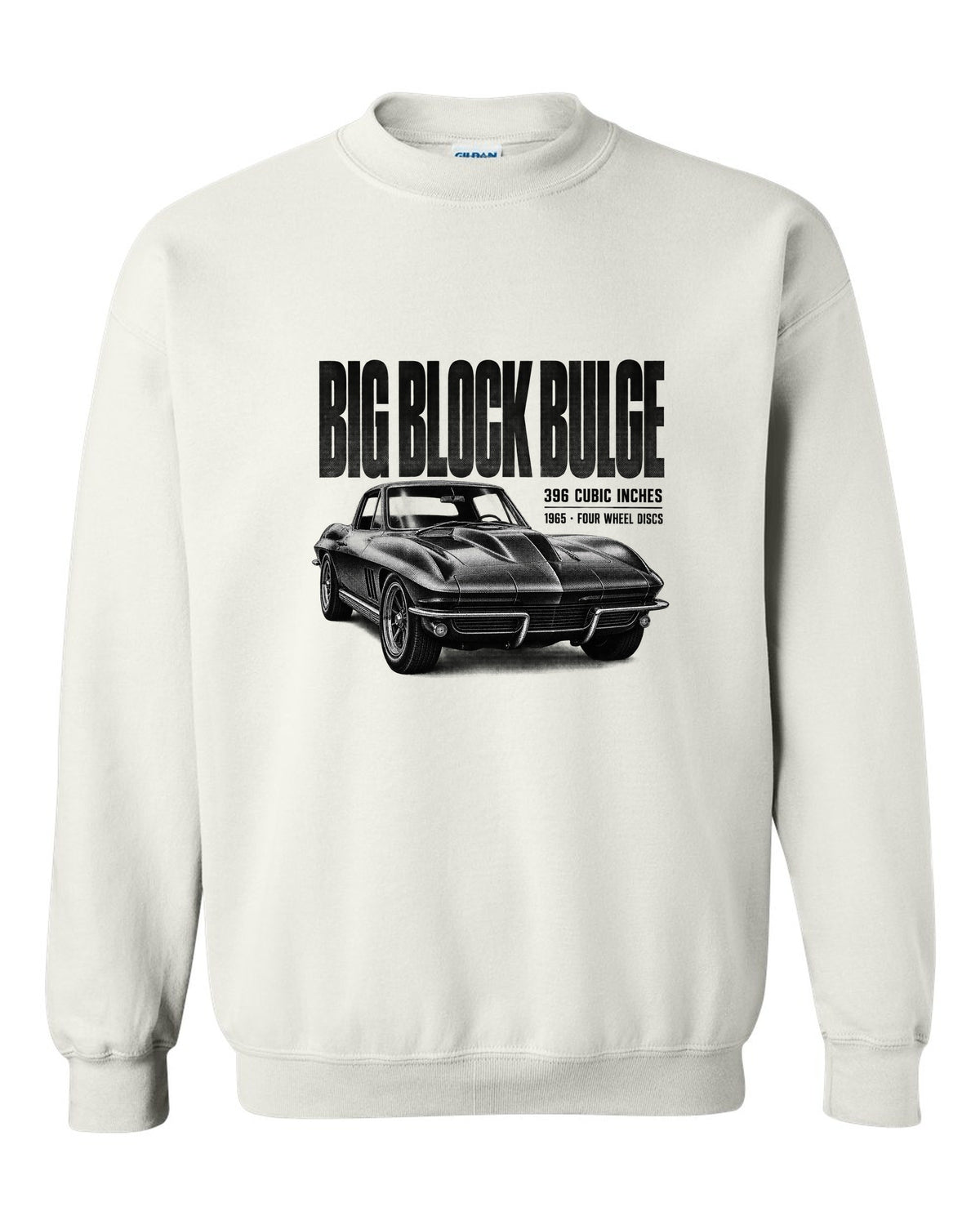 Chevrolet Corvette C2 Sting Ray 1965 big-block 396 hood bulge halftone print white crewneck front view with the design