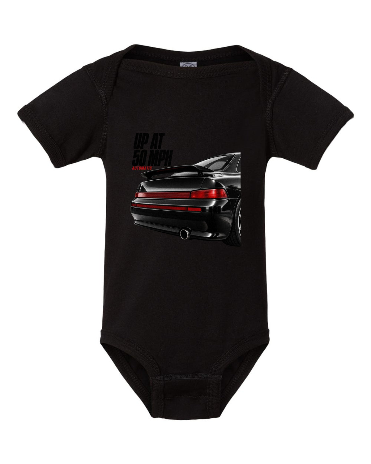 Detail macro print of the Porsche 911 Carrera 2 (964) rear spoiler with the caption Up At 50 MPH black baby onesie front view with the design