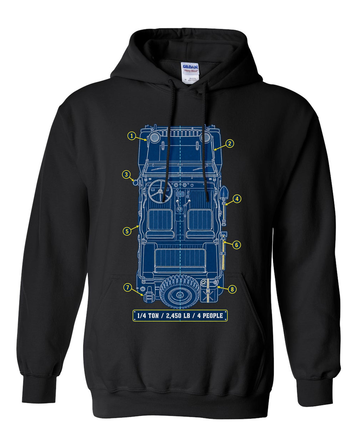 Cyanotype blueprint print of a Willys MB with field manual specs text black pull over hoodie front view with the design