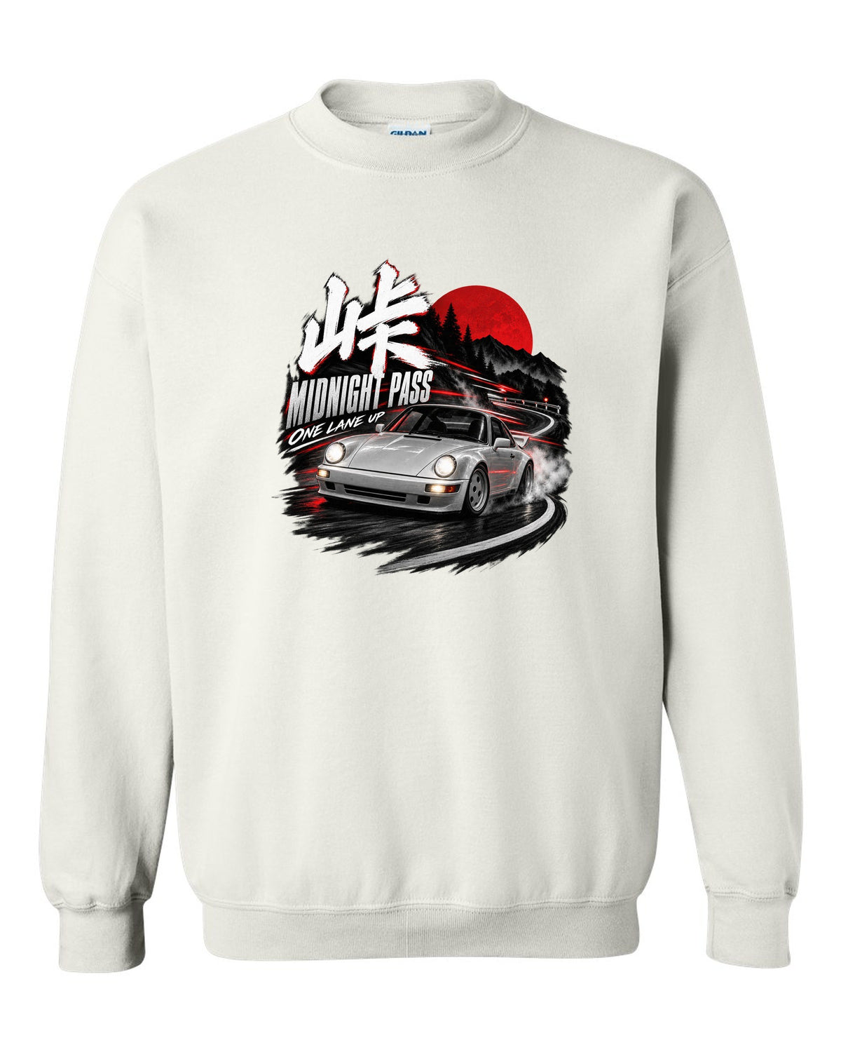 Touge night print of an outlaw-style Porsche 911 Carrera 4 964 on a mountain pass white crewneck front view with the design