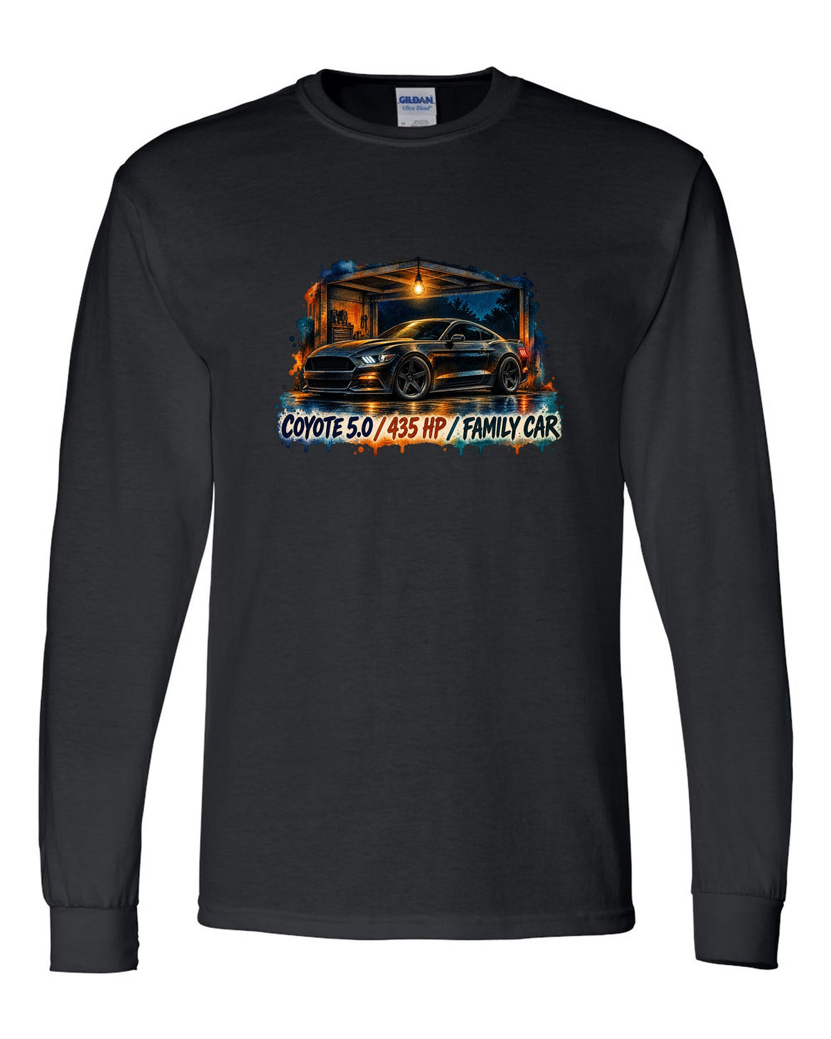 Watercolour night print of a Ford Mustang S550 GT with Coyote 5.0 435 HP family car text black long sleeve front view with the design