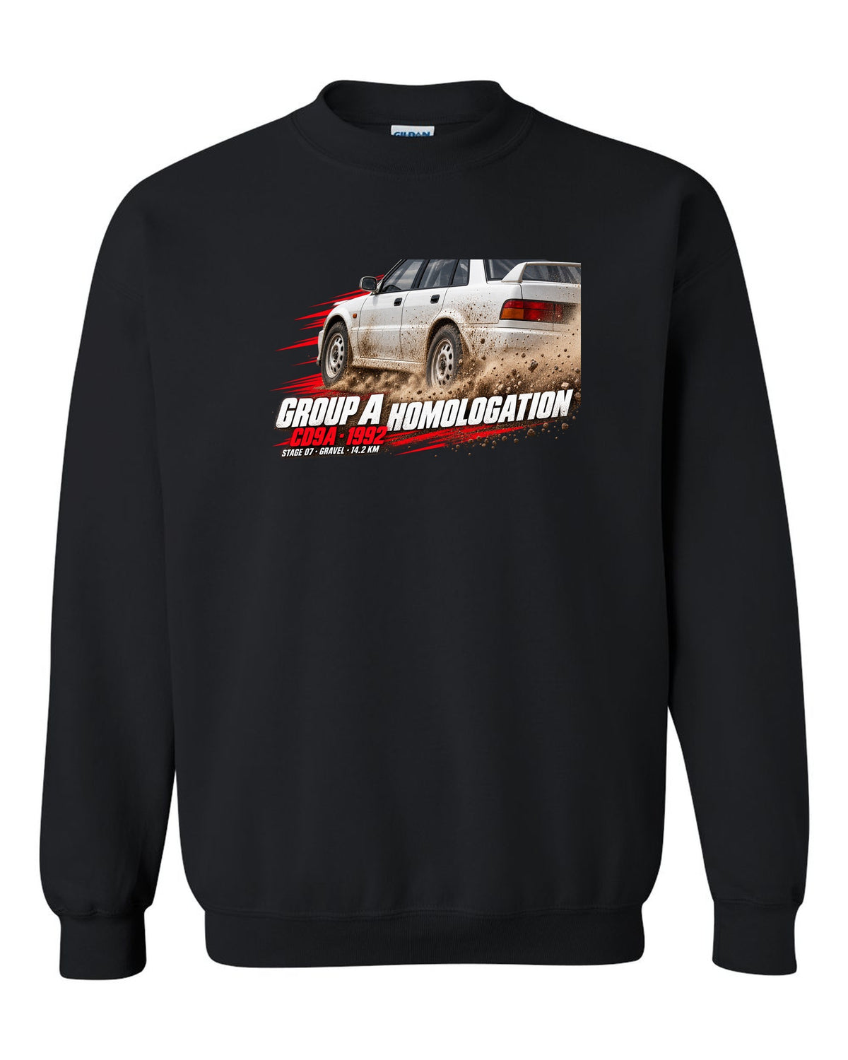 Rally poster print for the Mitsubishi Lancer Evolution I CD9A reading Group A Homologation, 1992, Stage 07 gravel black crewneck front view with the design