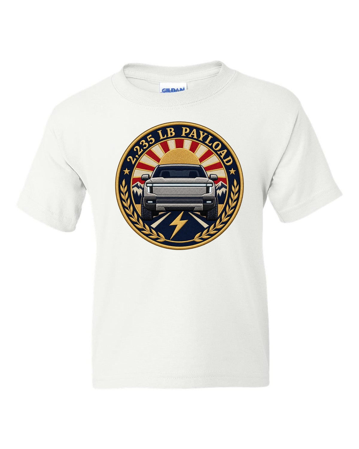 Ford F-150 Lightning embroidery-style round crest with 2,235 lb payload text white kids tee front view with the design