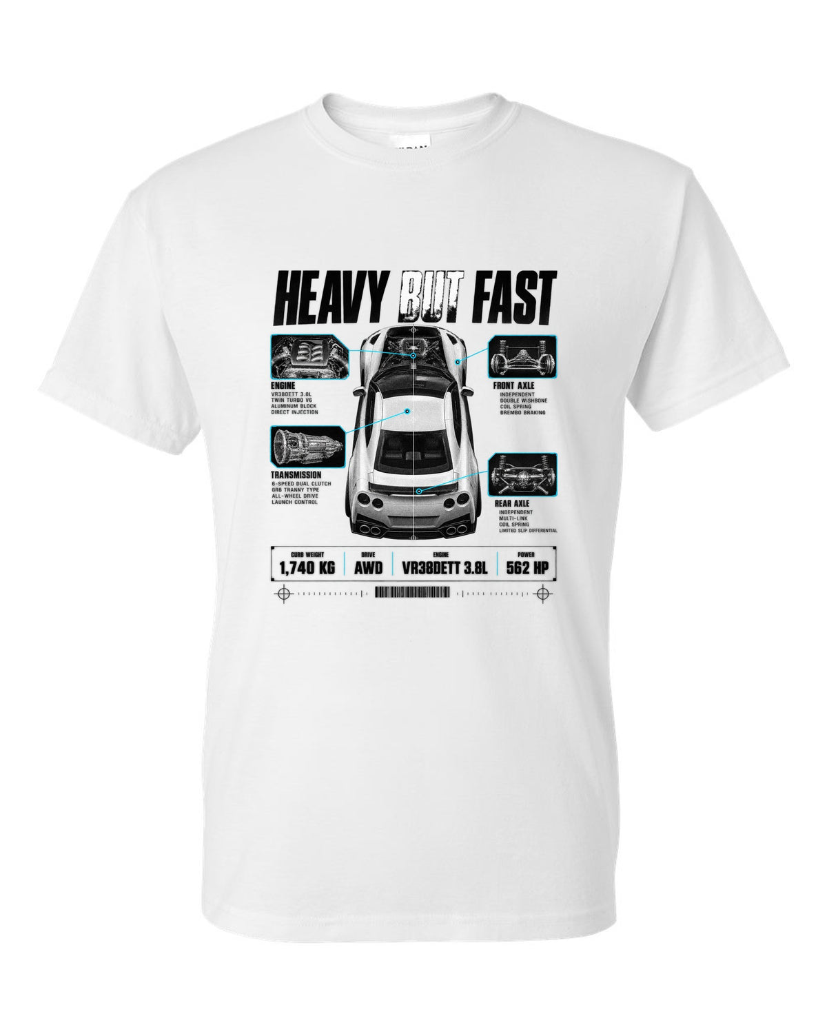 Top-down and profile spec poster of a Nissan GT-R R35 with 1,740 kg curb weight and VR38DETT lettering white t-shirt front view with the design