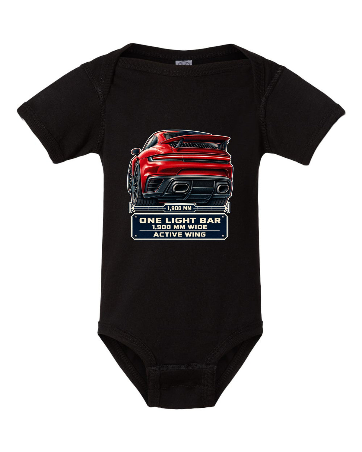 Taillight macro print of a Porsche 992 Turbo S with light bar and wing black baby onesie front view with the design