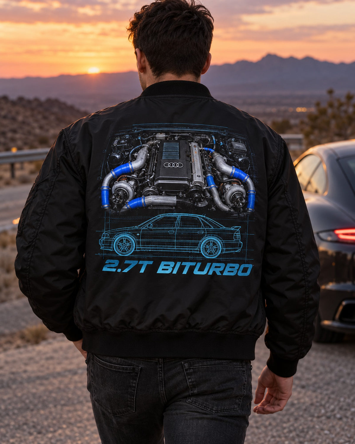 Audi S4 B5 2.7T Biturbo Technical Blueprint Car Shirt Bomber Jacket Black worn hero