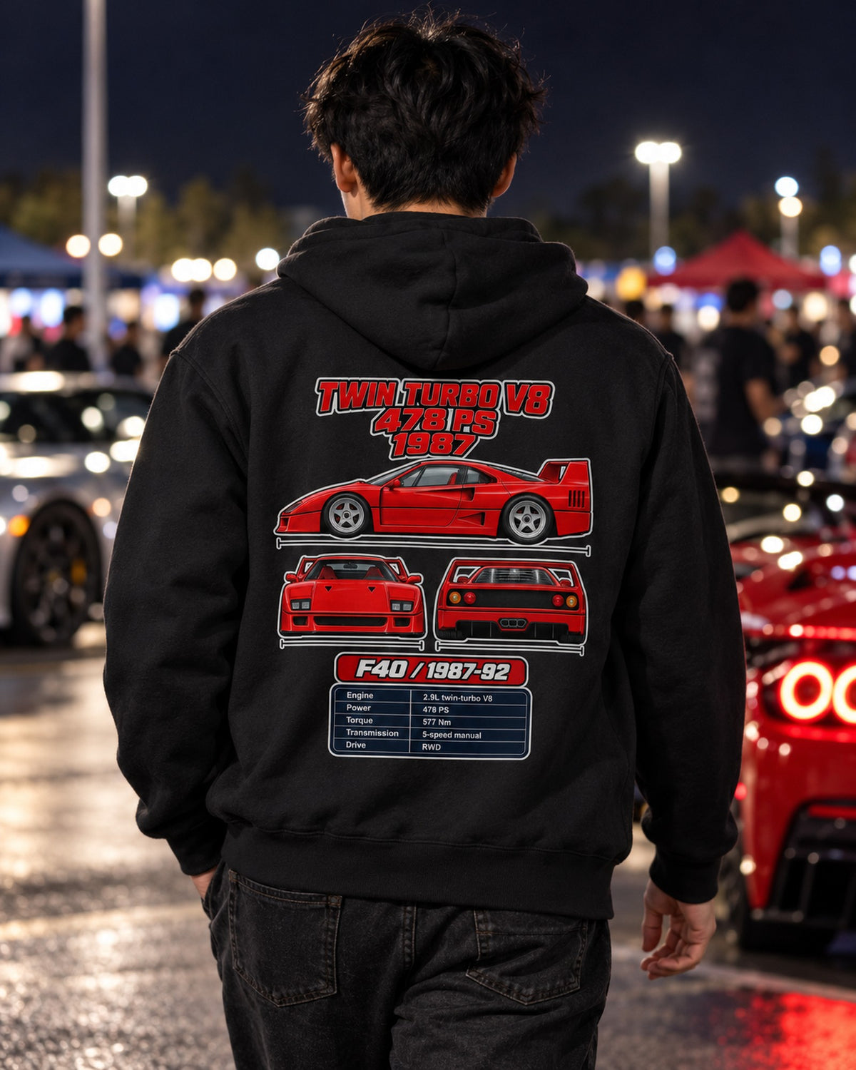 Ferrari F40 Spec Sheet Full-Back Graphic Tee Zip Hoodie Black worn hero