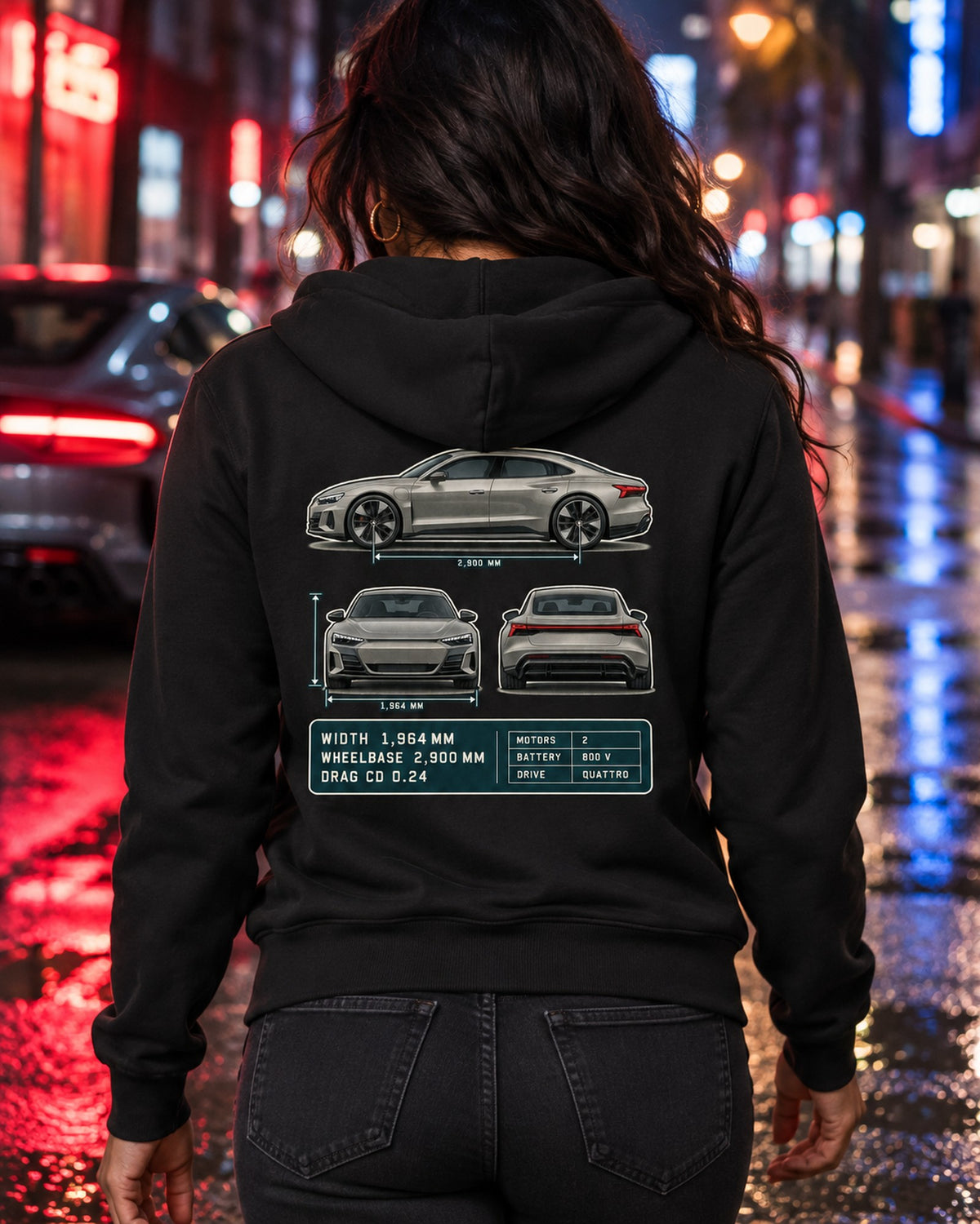 Audi RS e-tron GT Three-View Spec Table Tee, Cd 0.24 Car Shirt Zip Hoodie Black worn hero