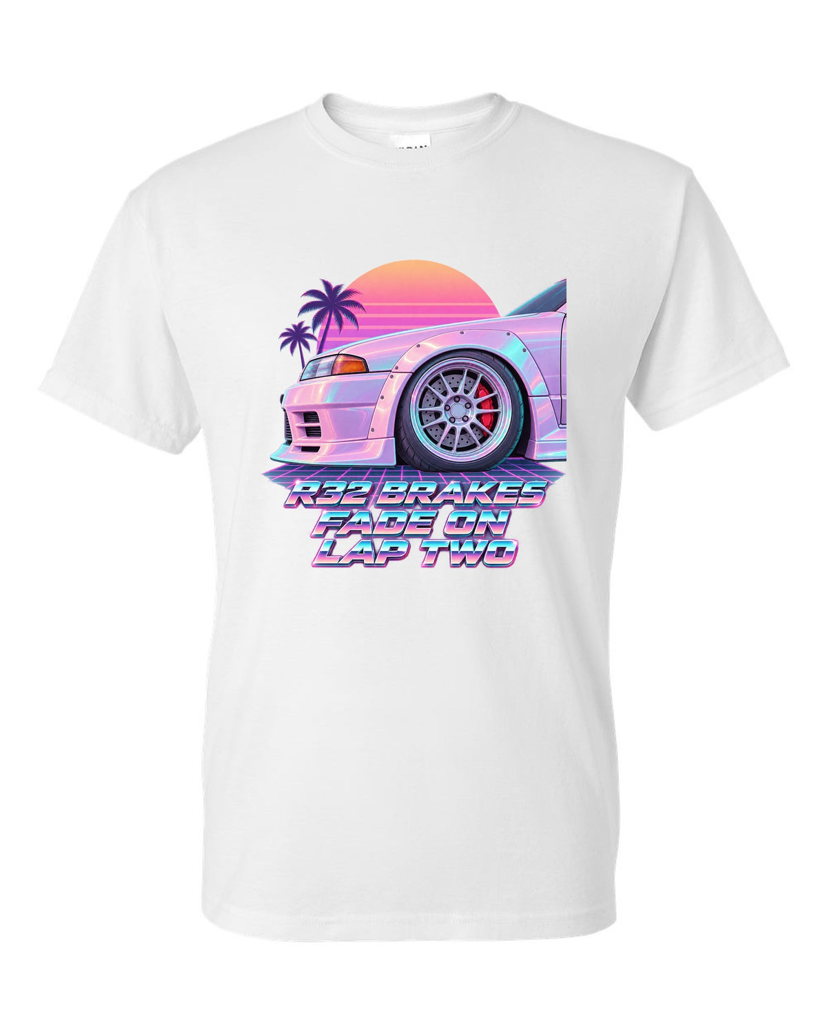 Vaporwave pastel print of a brake wheel with Nissan Skyline GT-R BNR32 brake fade lettering white t-shirt front view with the design