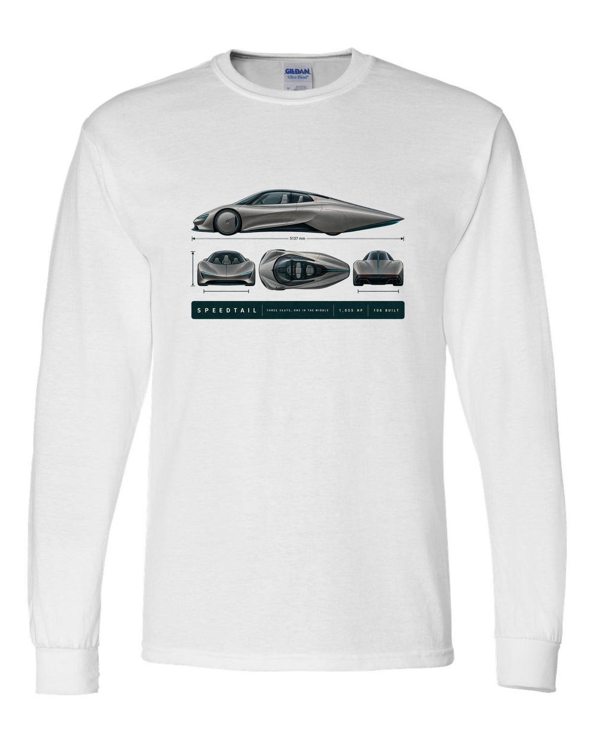 Warm grey and teal length blueprint print of a McLaren Speedtail white long sleeve front view with the design