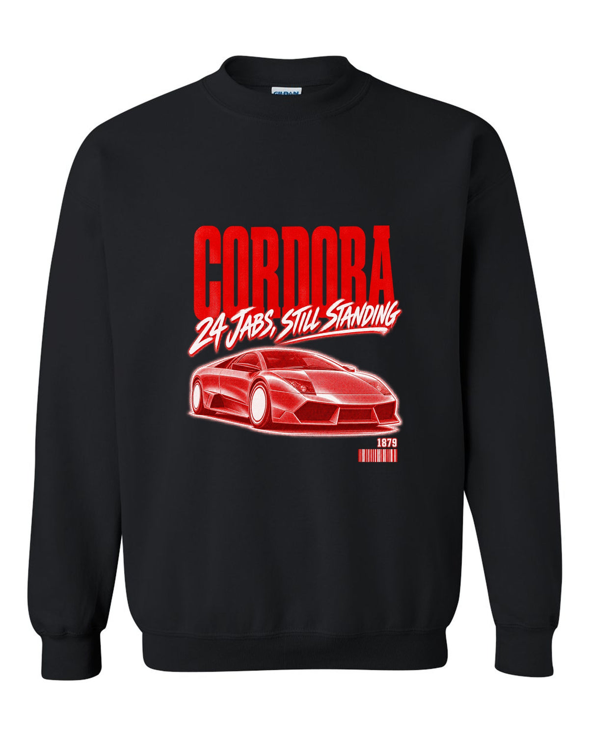 Street poster print of a Lamborghini Murcielago LP640 with Cordoba and 1879 text black crewneck front view with the design