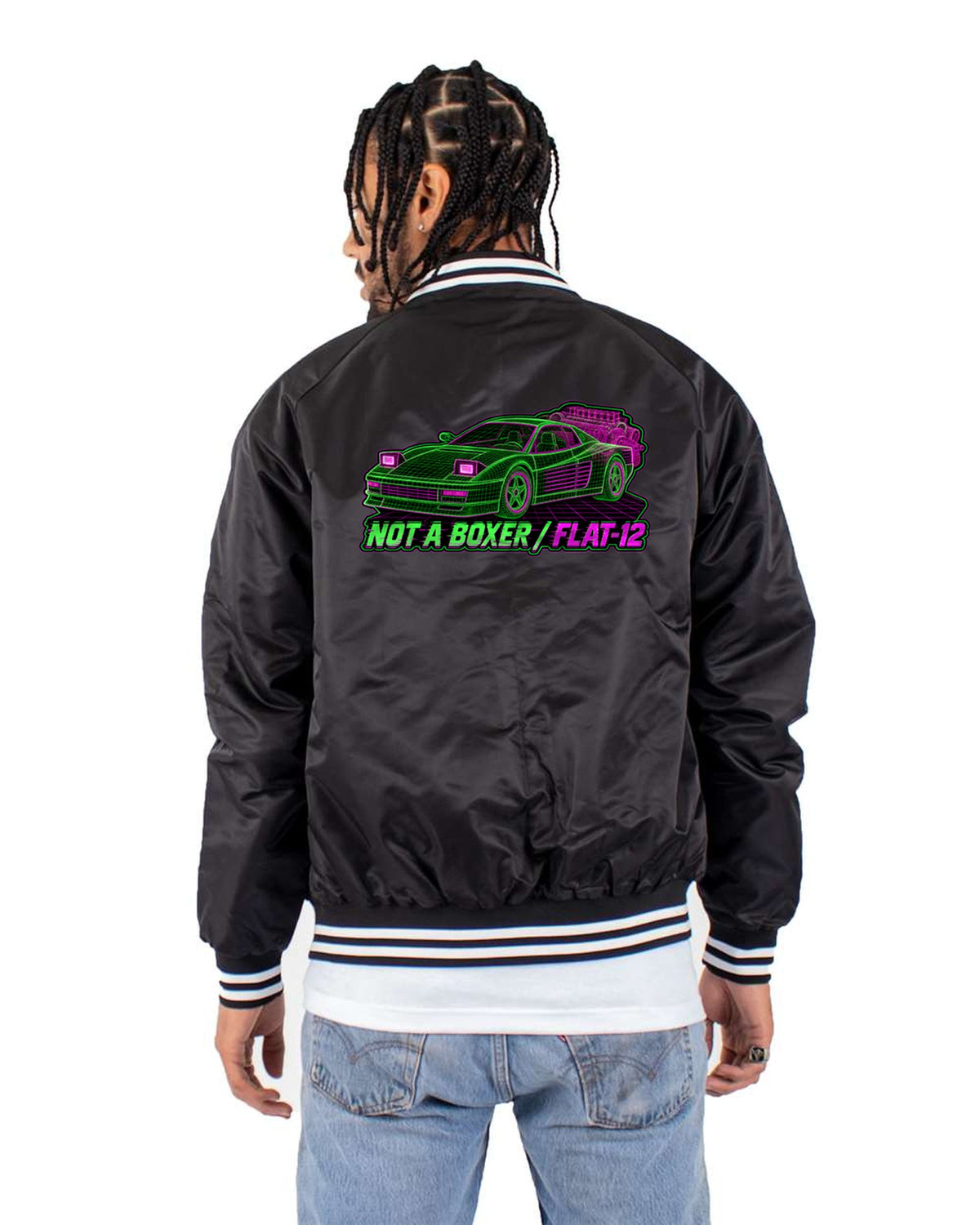 Testarossa F110 Wireframe Mesh Tee: Not a Boxer, Flat-12 Bomber Jacket Black back