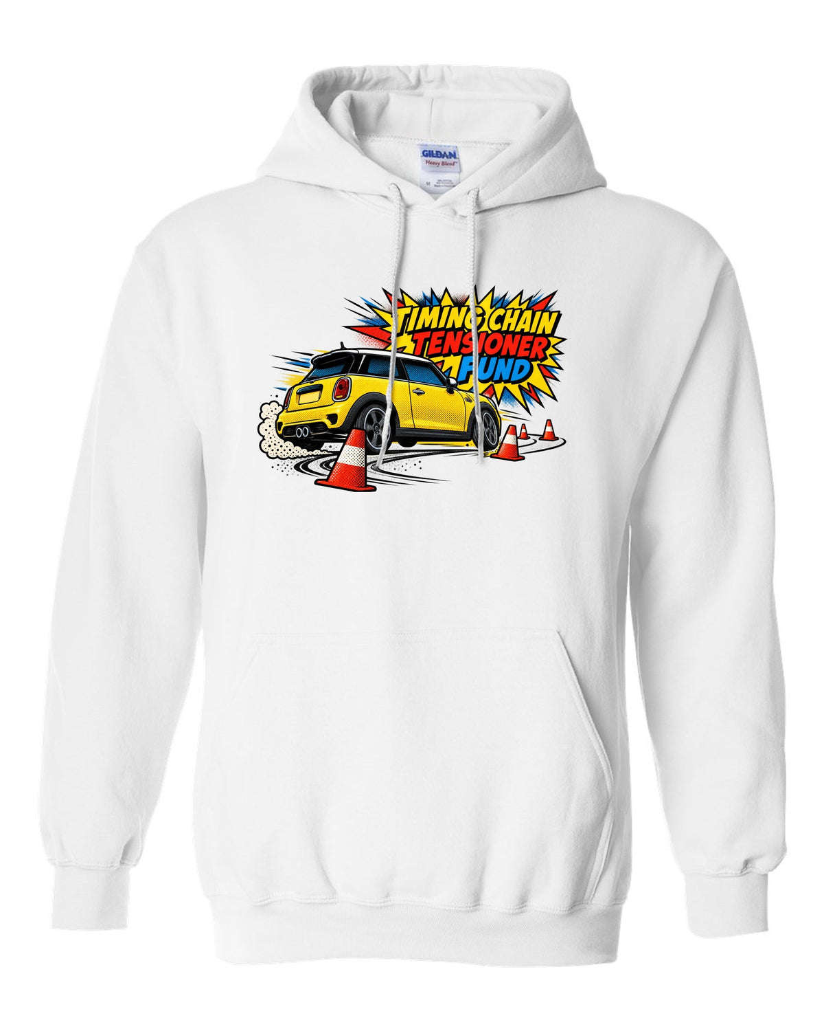 Comic halftone print of a Mini Cooper S R56 in a cone slalom with timing chain tensioner fund text white pull over hoodie front view with the design