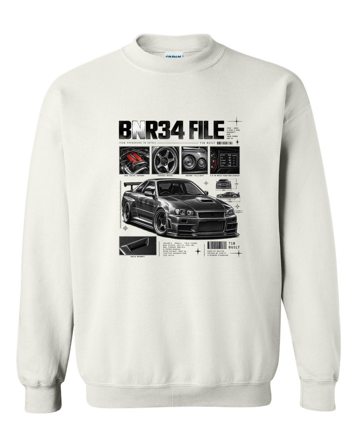 Dossier panel print of a Nissan Skyline GT-R R34 V-Spec II Nur with 718 built text white crewneck front view with the design