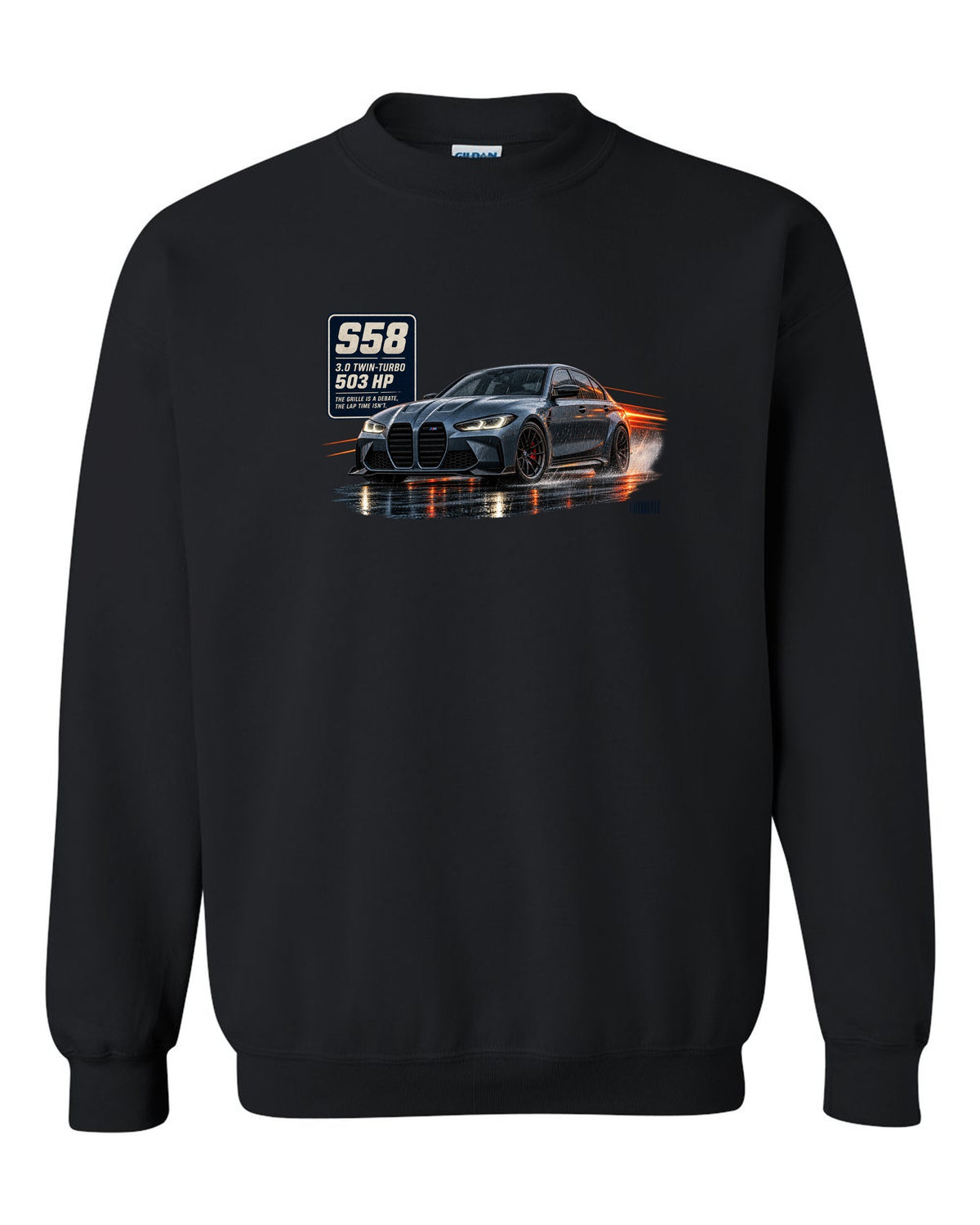 print of a BMW M3 Competition G80 on a night touge road in blue-grey black crewneck front view with the design